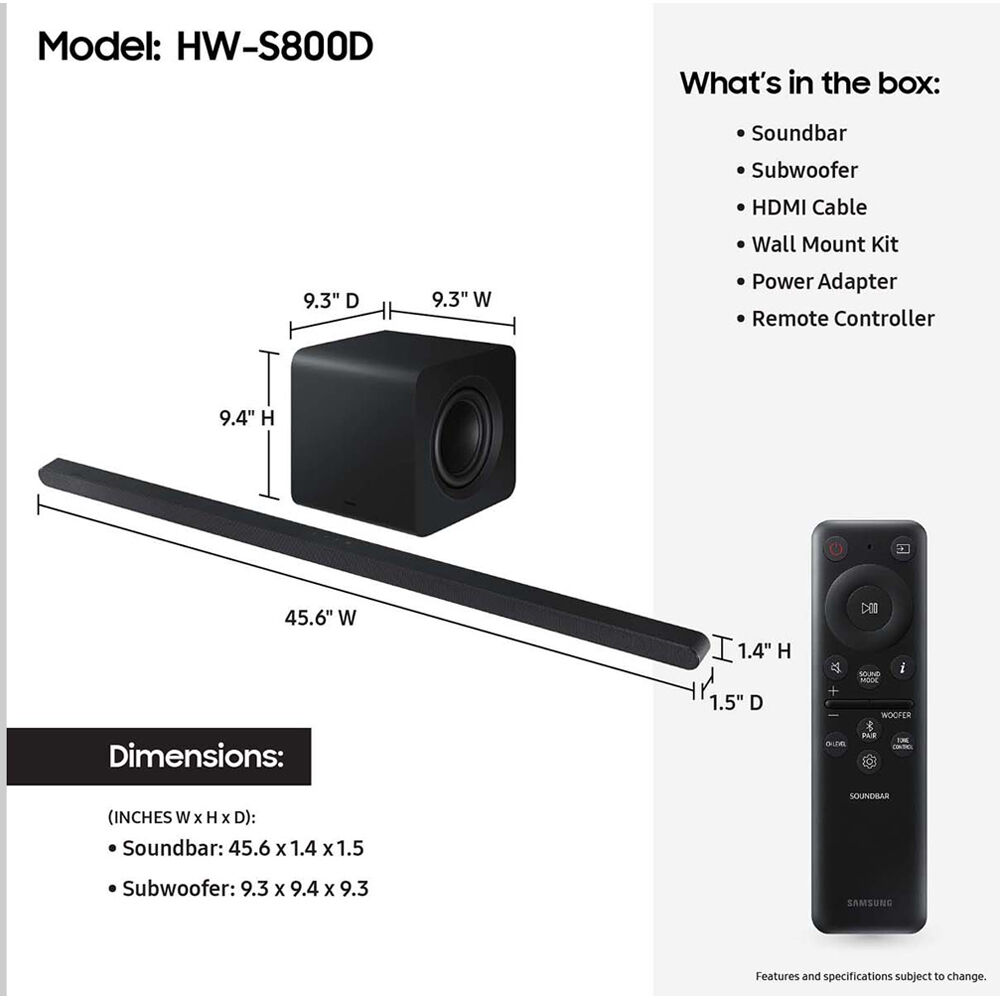 Samsung HW-S800D/ZA 3.1.2-channel 330W wireless soundbar in Titan Black — view 5