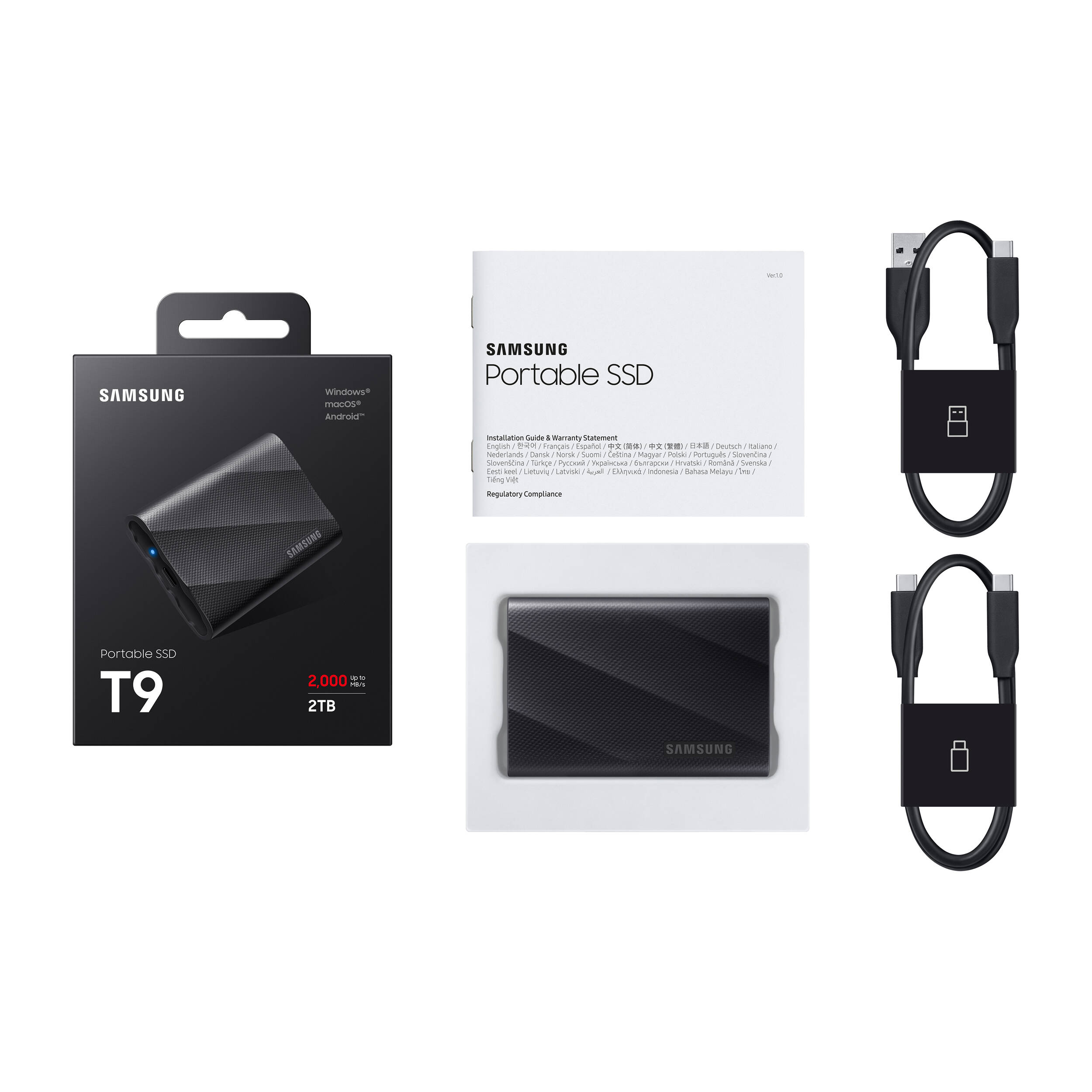 Samsung T9 2TB portable SSD in black with USB-C and USB 3.2 Gen 2x2 connectivity — view 2
