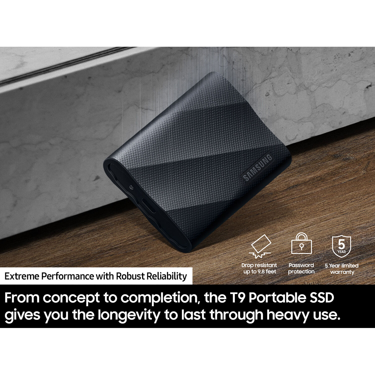 Samsung T9 2TB portable SSD in black with USB-C and USB 3.2 Gen 2x2 connectivity — view 5