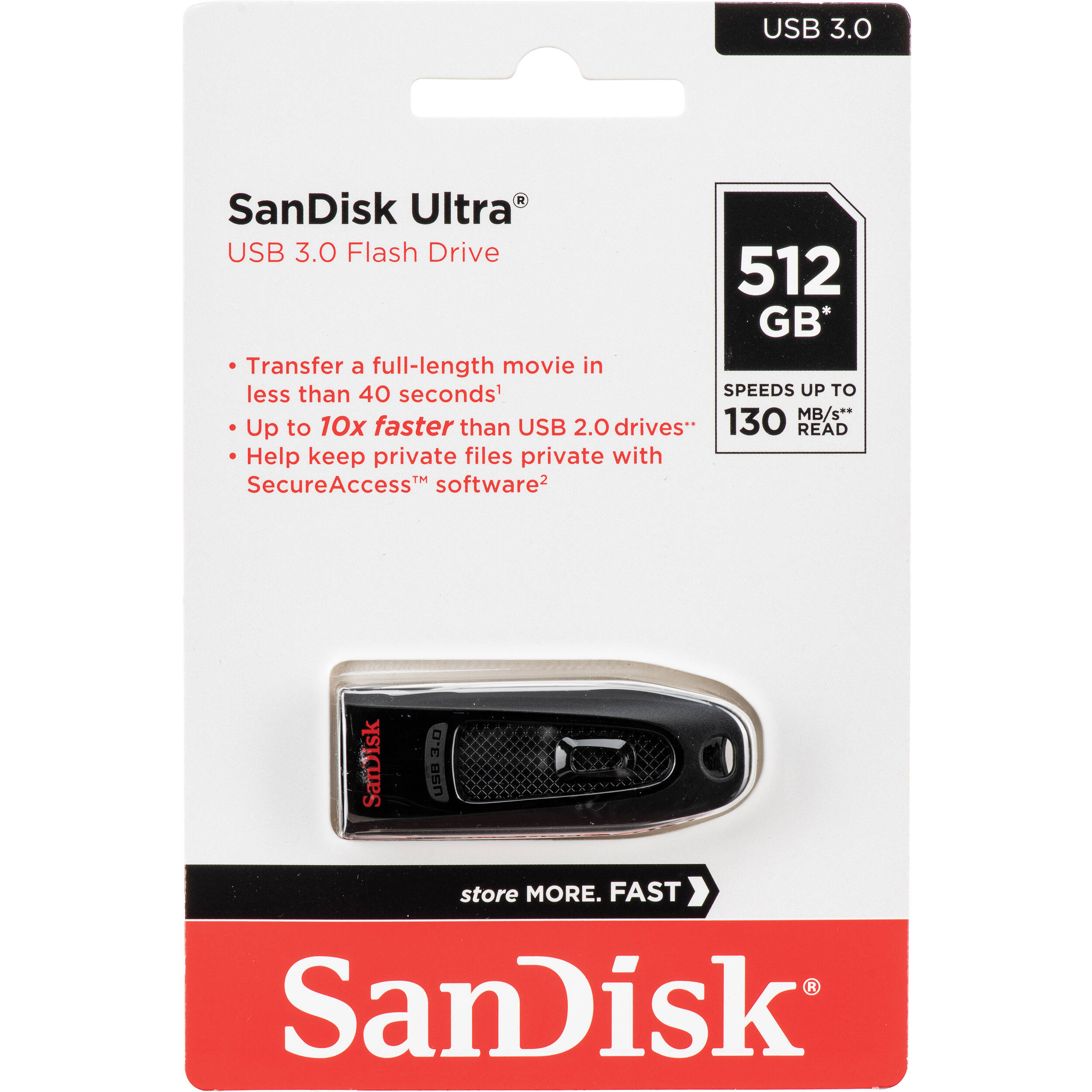 SanDisk Ultra USB 3.0 512 GB flash drive in black, portable USB Type-A storage — view 2