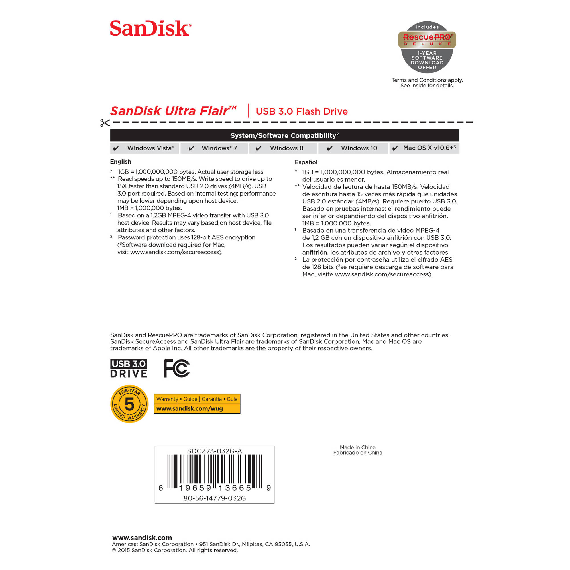 SanDisk Ultra Flair 32GB USB 3.0 flash drive with slim compact metal-style body — view 6