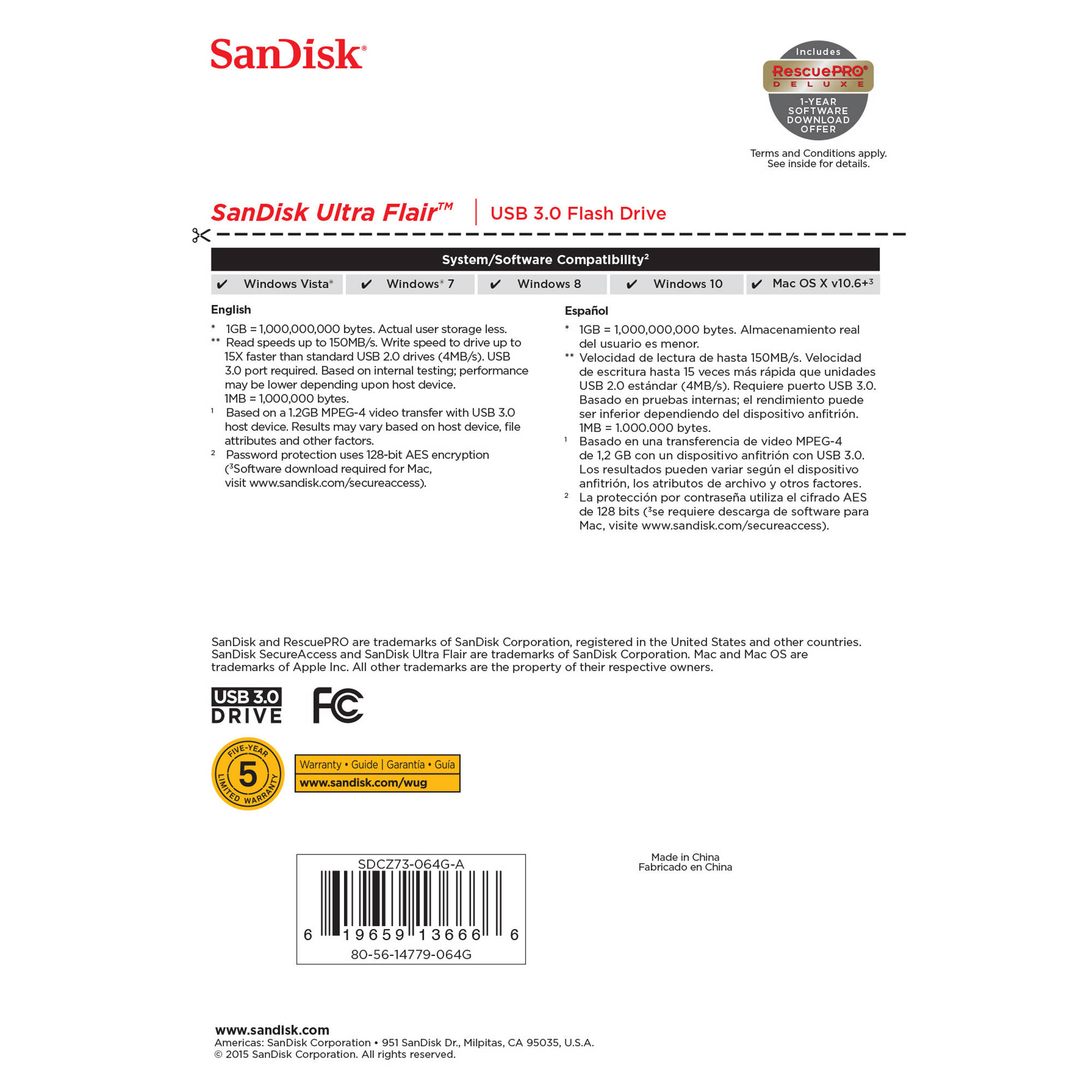 SanDisk Ultra Flair 64GB USB 3.0 flash drive with metal casing and password protection — view 6