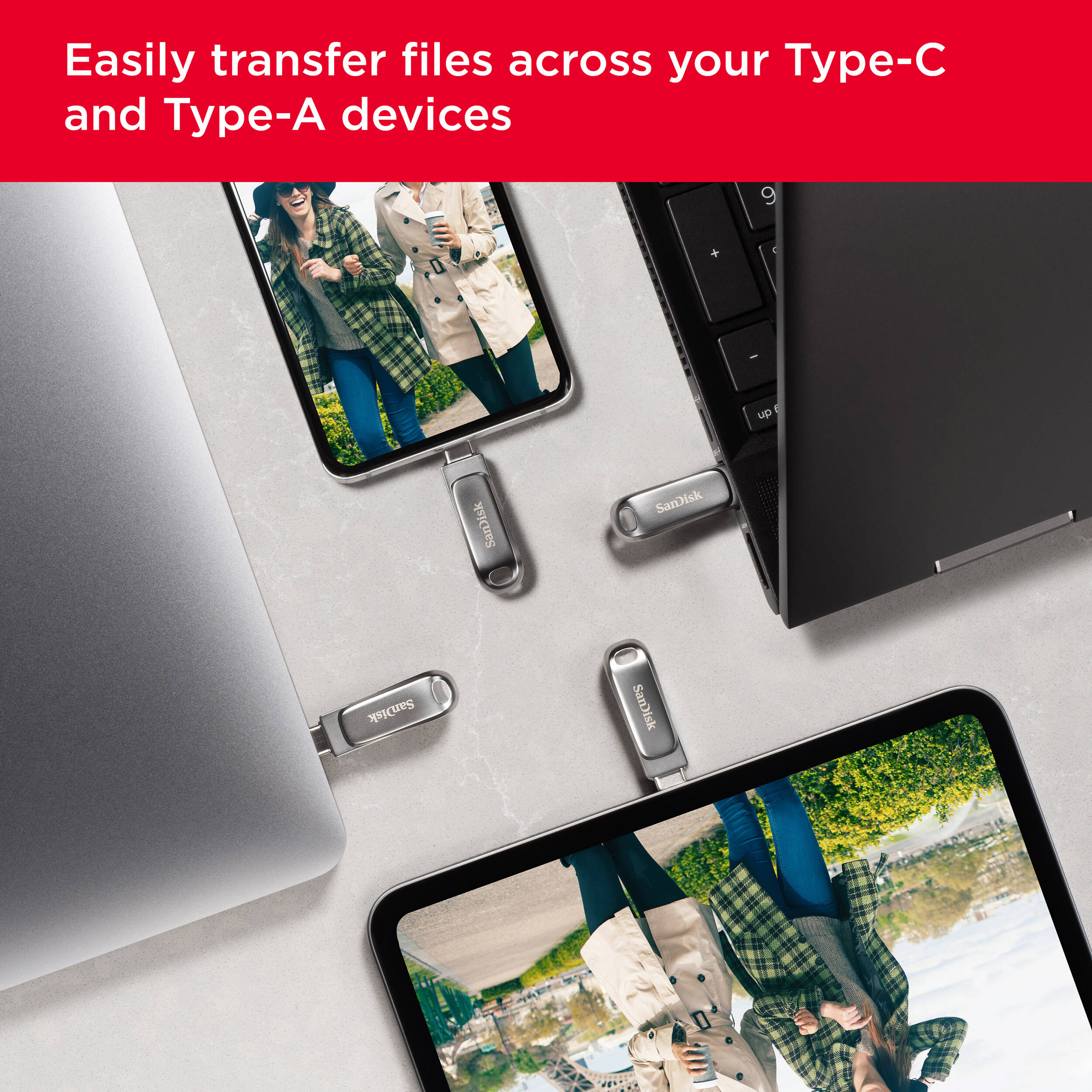 SanDisk Ultra Dual Drive Luxe 128 GB USB flash drive with USB Type-C and USB Type-A connectors in metal finish — view 9
