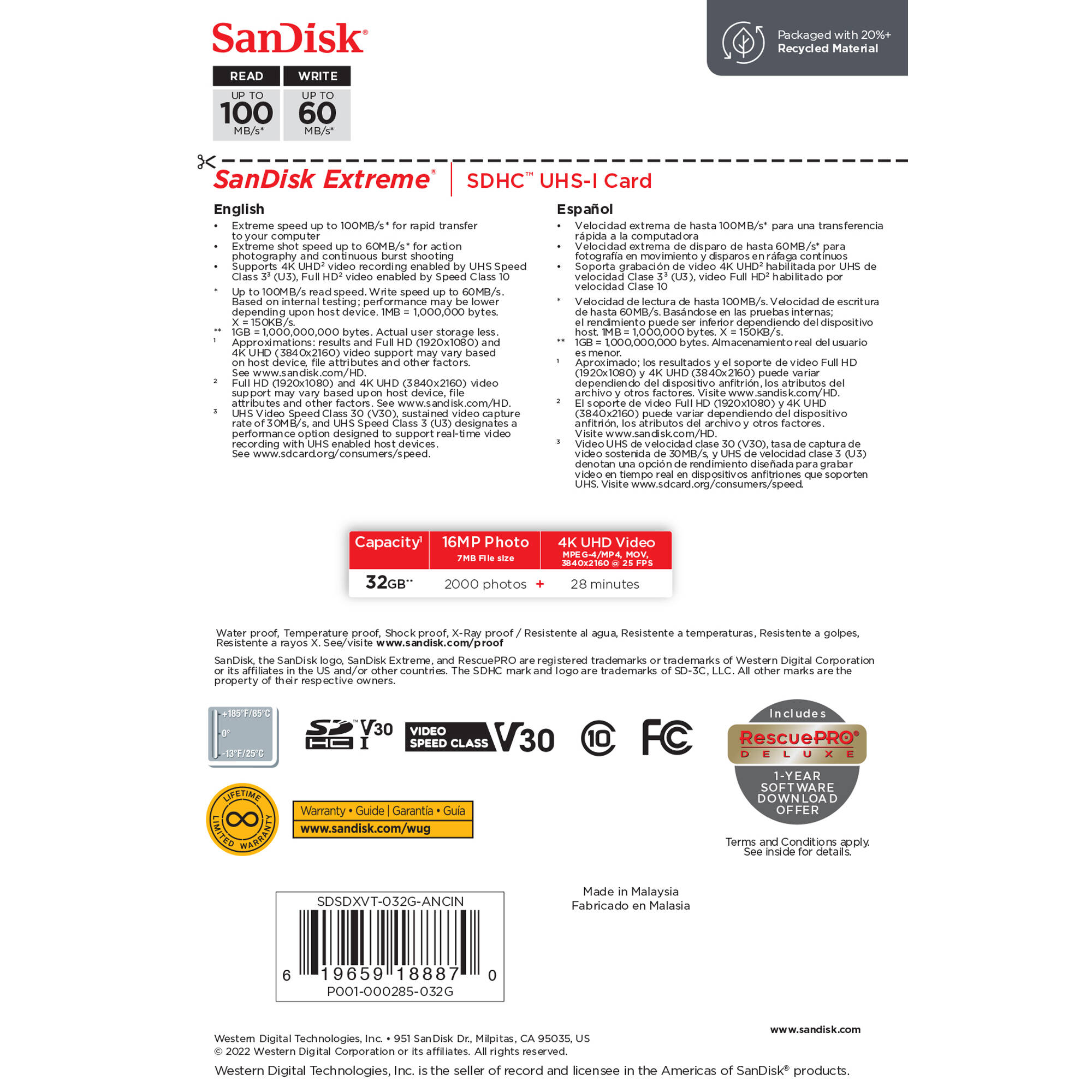 SANDISK SDSDXVT-032G-ANCIN EXTREME SD 100/60MB/S RW C10 UHS U3 V30 R — view 5
