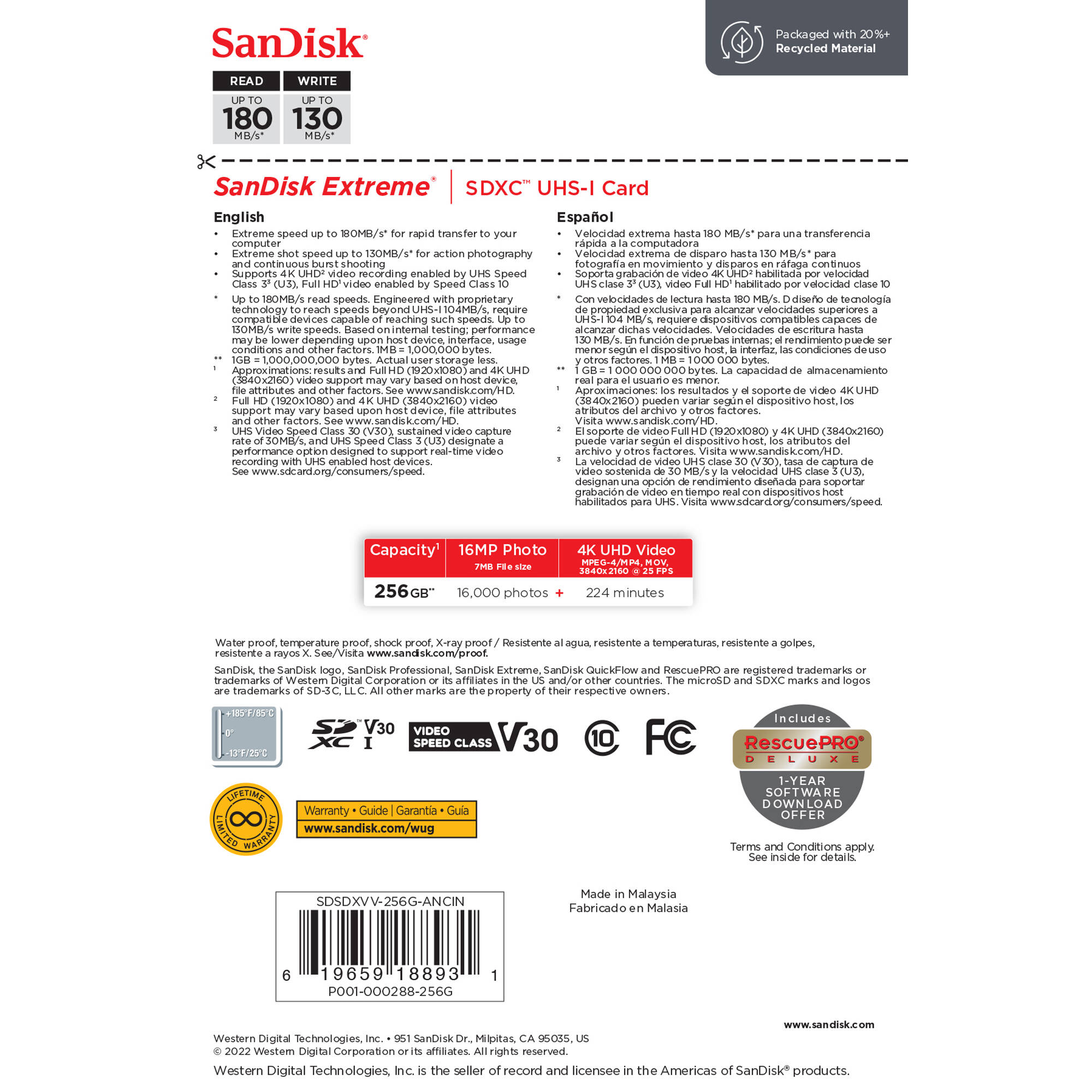 SANDISK EXTREME SDXC MEMORY CARD, 256GB — view 5