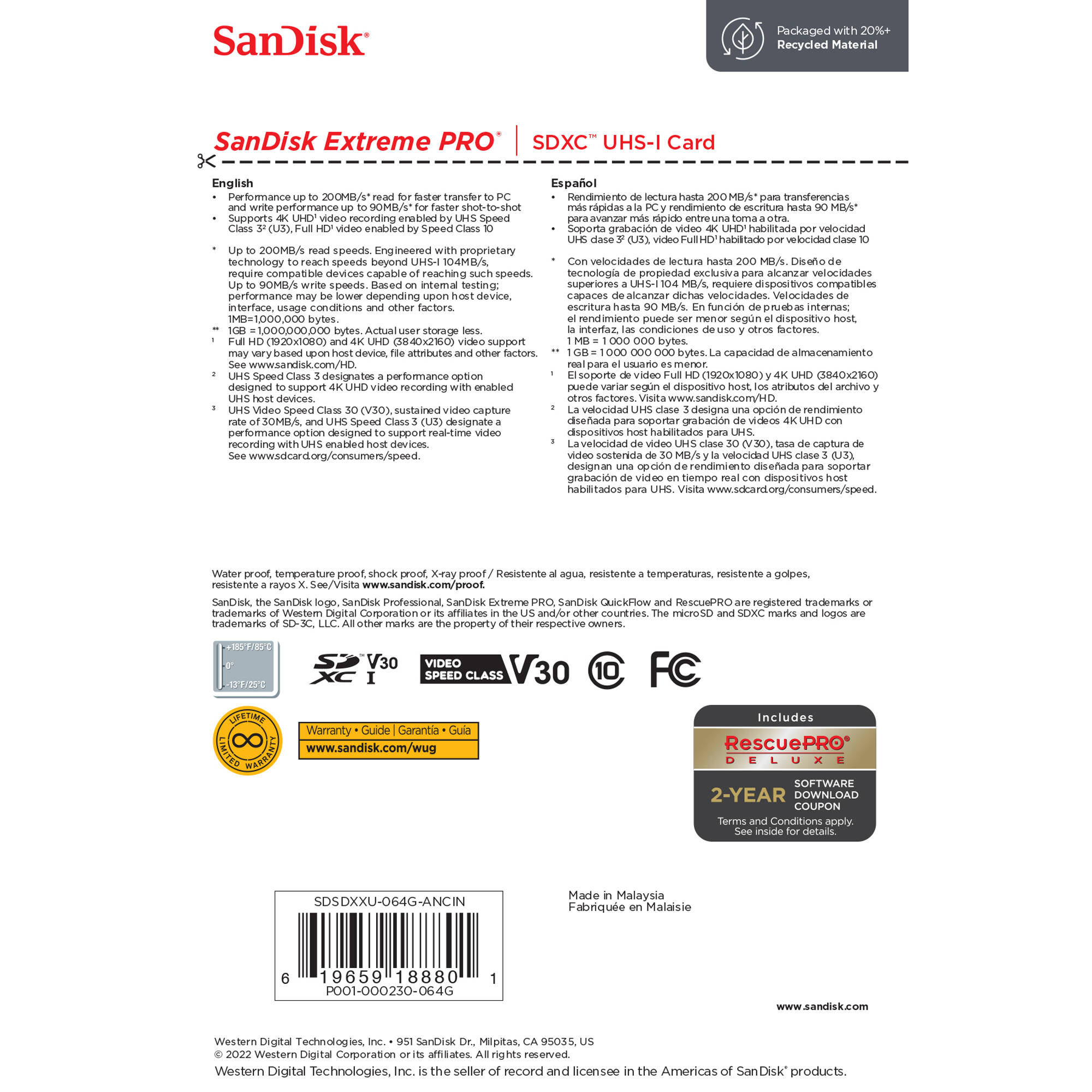 SANDISK 64GB EXTREME PRO SD 200/90MB/S RW C10 UHS U3 V — view 5