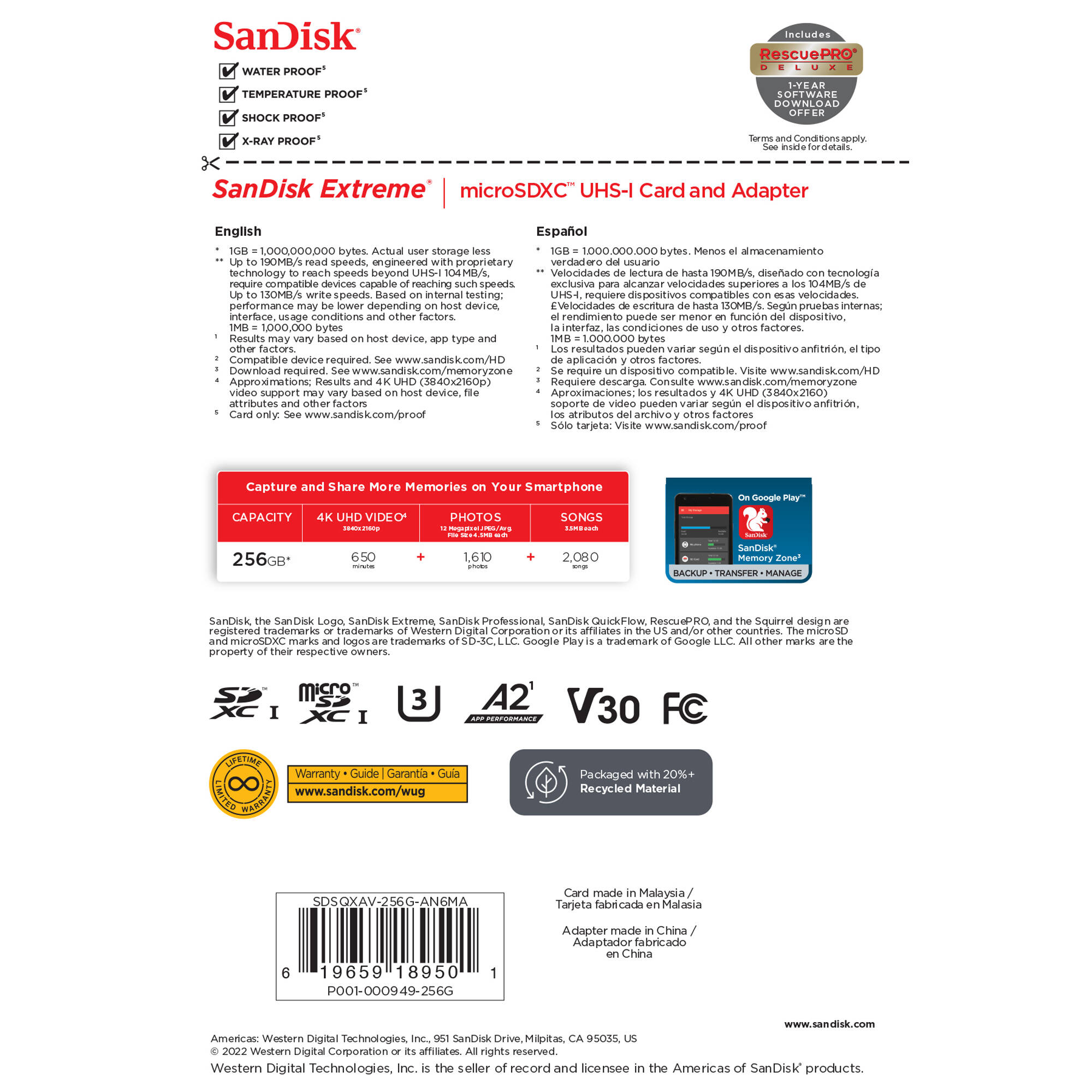SANDISK - RETAIL MOBILE 256GB EXTREME USD 190/130MB/S C10 UHS U3 V30 A2 — view 6