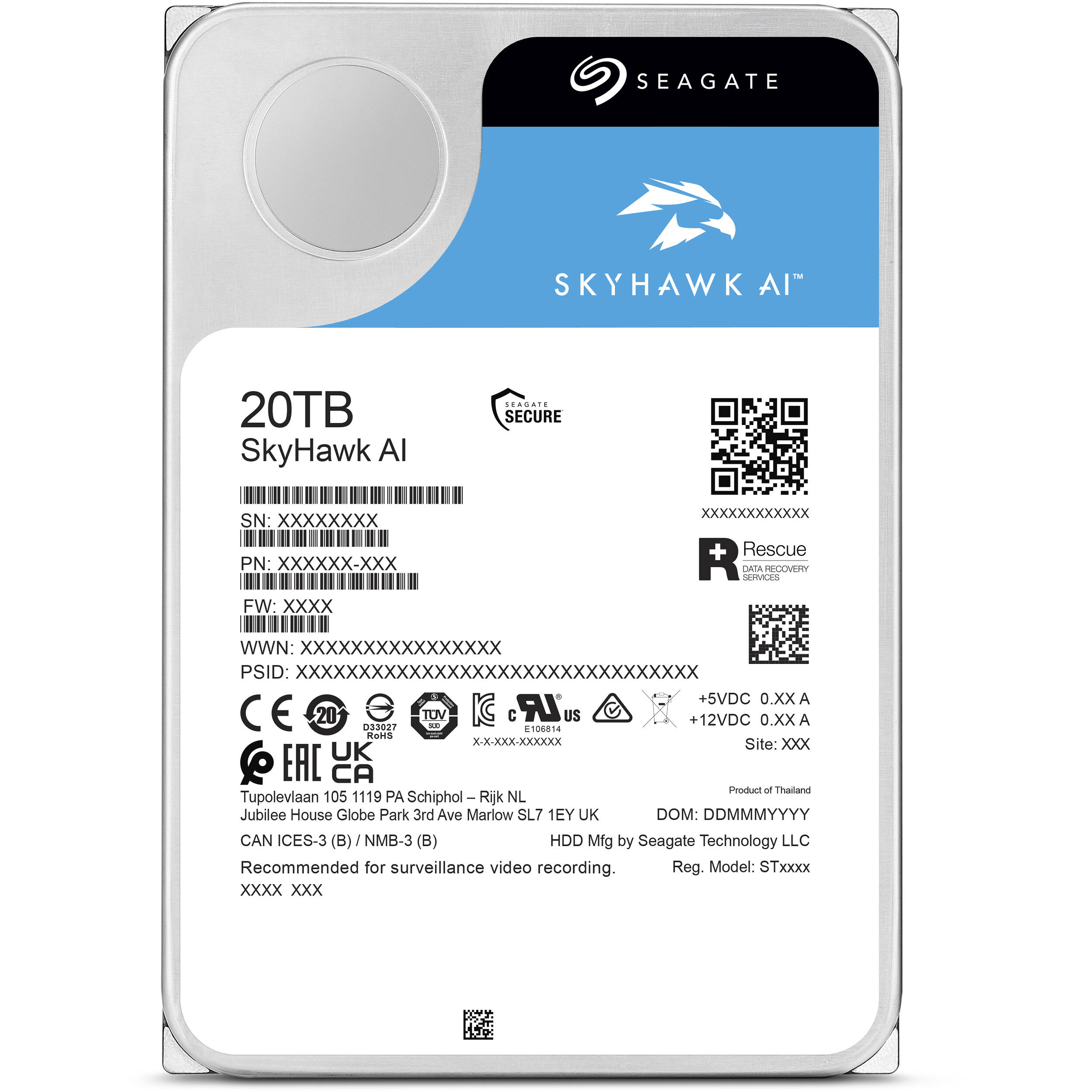 Seagate SkyHawk AI ST20000VE003 20 TB 3.5-inch SATA surveillance hard drive — view 4