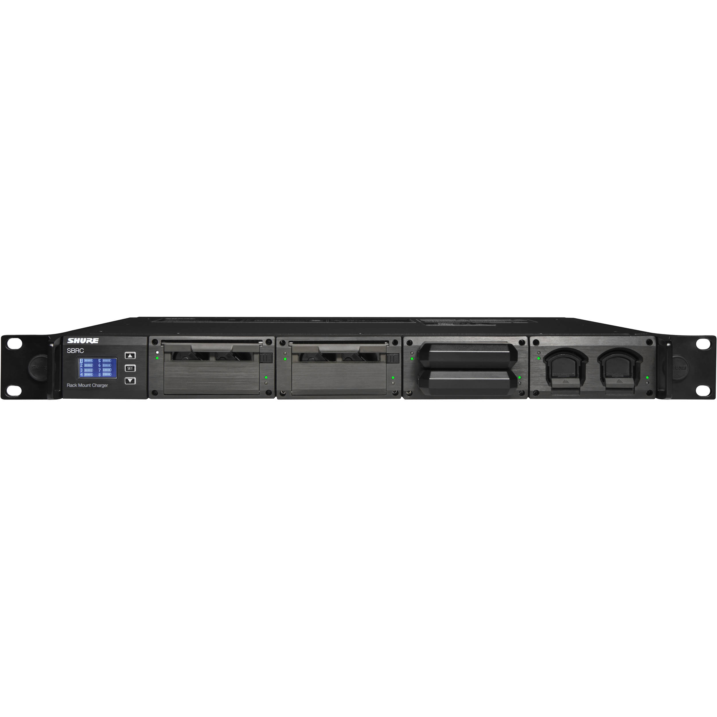 Shure SBRC-US networked 19-inch rack charger for four charging modules in a professional equipment rack — view 2