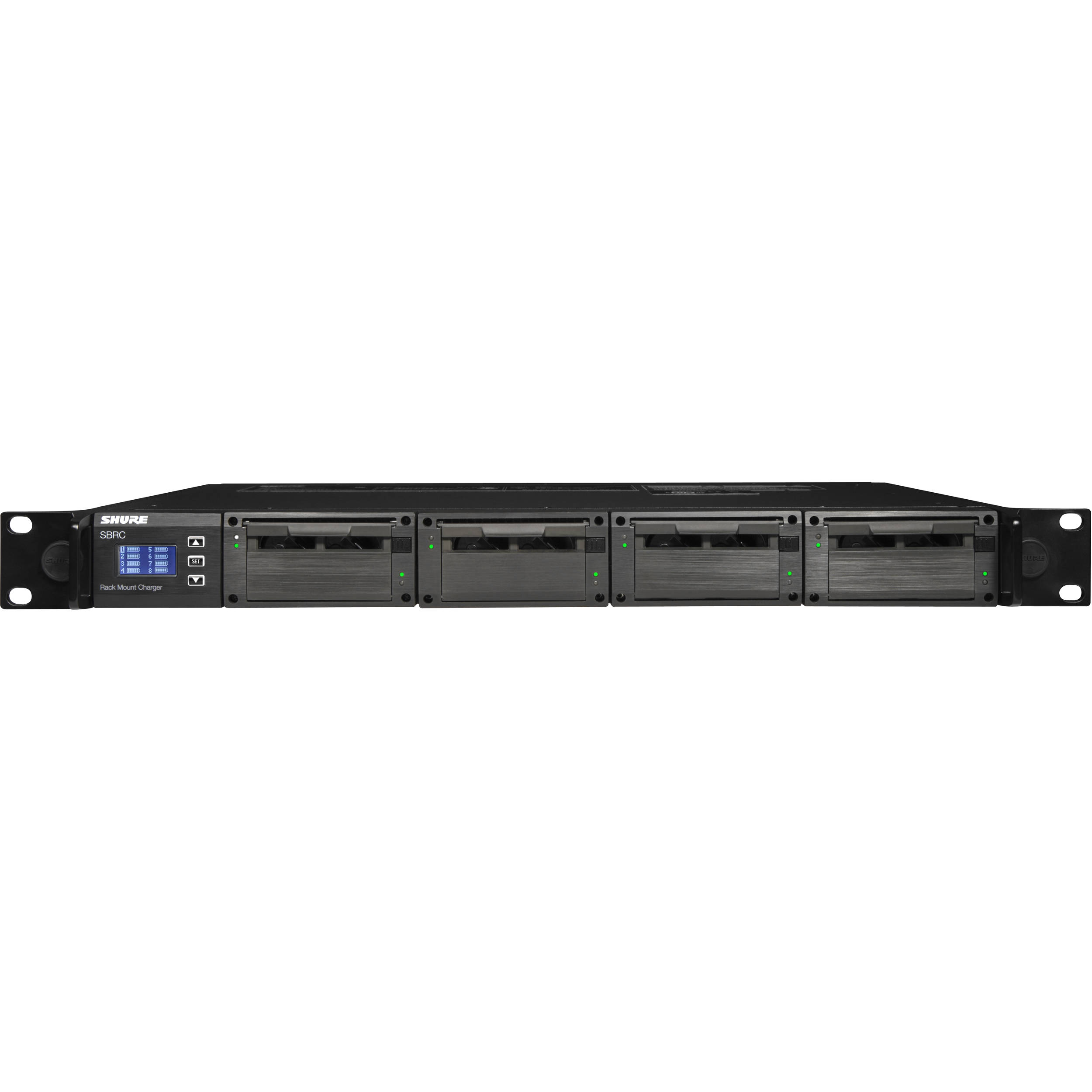Shure SBRC-US networked 19-inch rack charger for four charging modules in a professional equipment rack — view 3