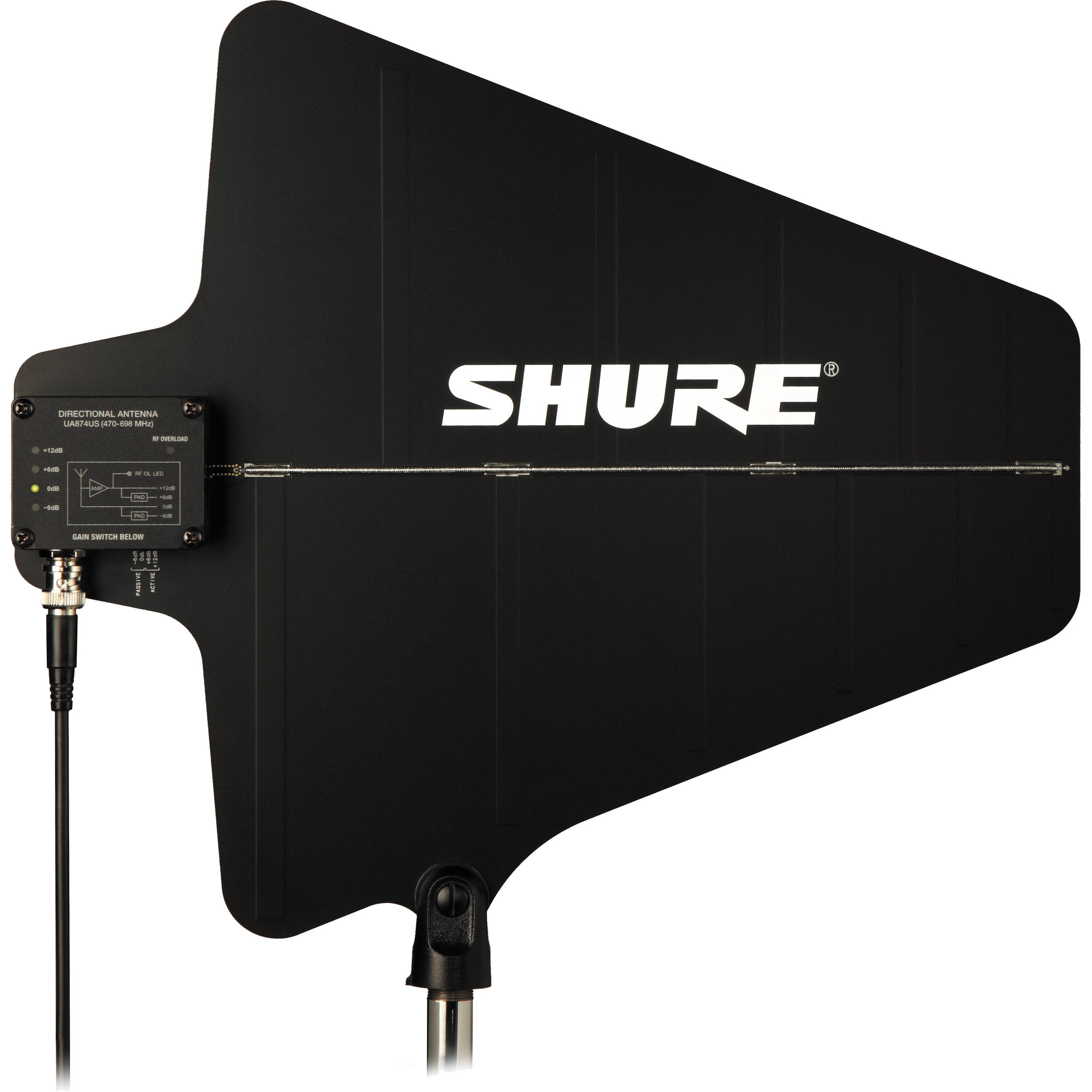 Shure UA874US active UHF directional antenna for 470-698 MHz wireless systems with switchable gain — view 2