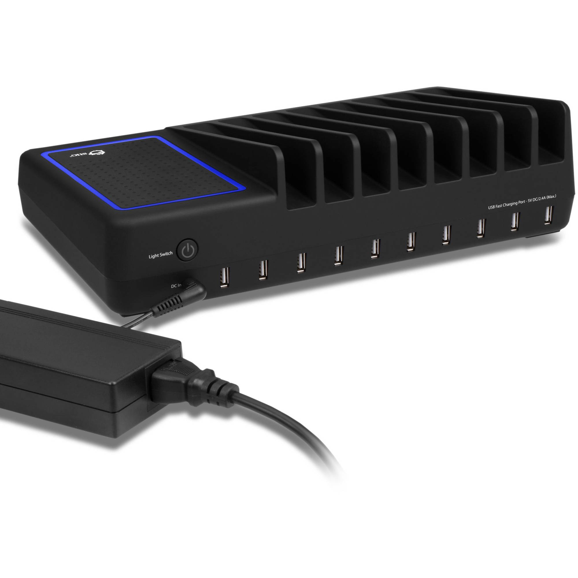 SIIG 10-port USB charging station with ambient light deck for desktop device charging — view 3