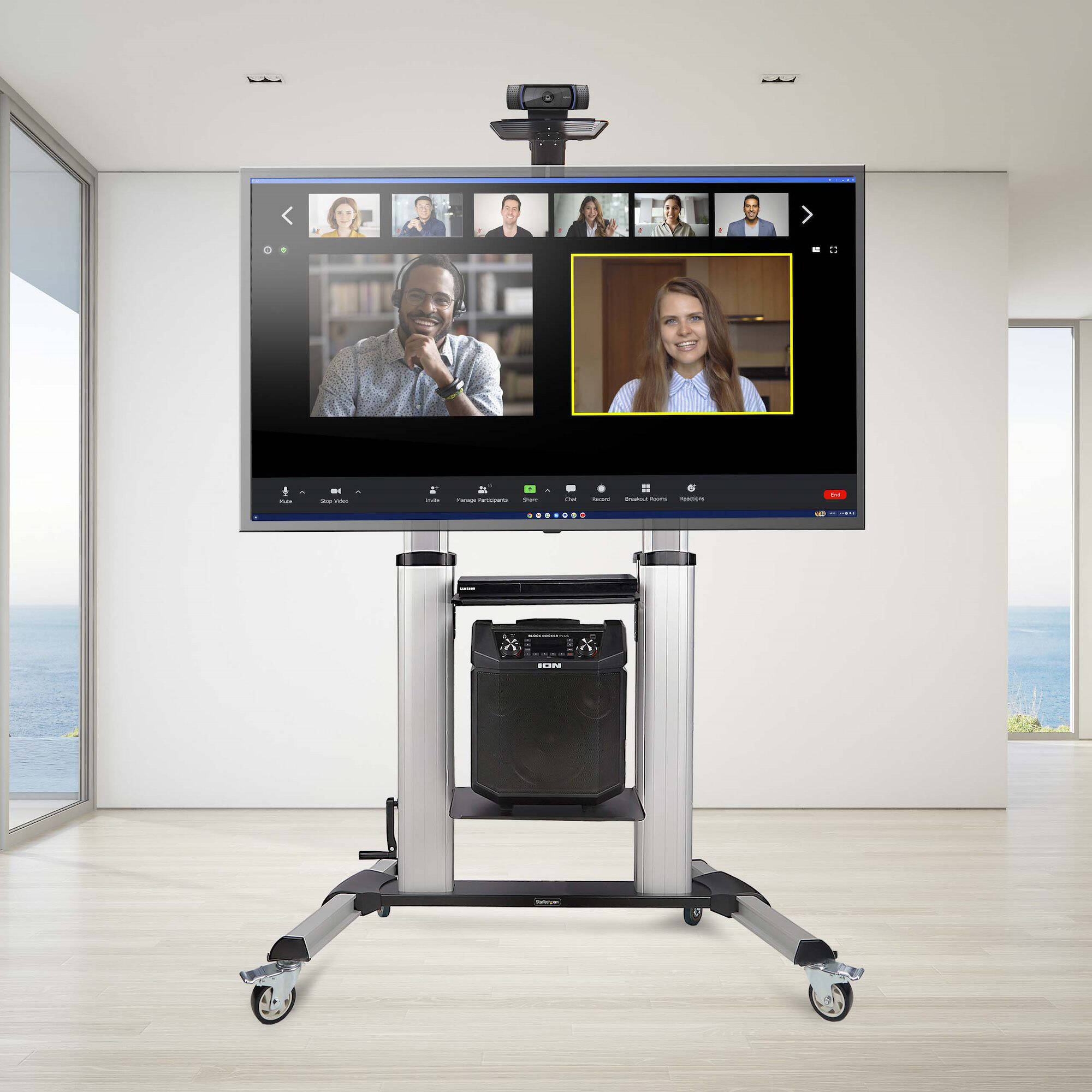 StarTech rolling TV cart portable mount for 60 to 100 inch displays with lockable wheels and adjustable shelves — view 13