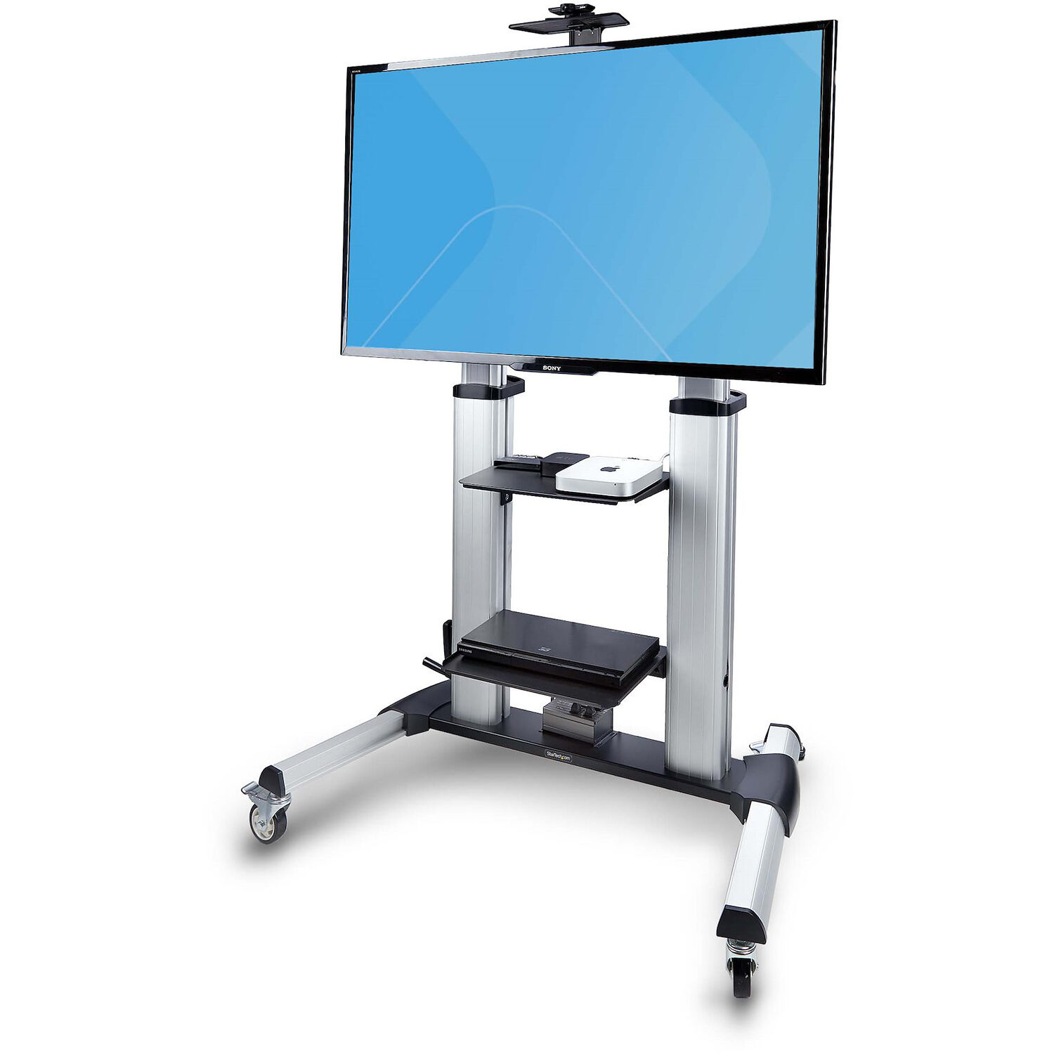 StarTech rolling TV cart portable mount for 60 to 100 inch displays with lockable wheels and adjustable shelves — view 4