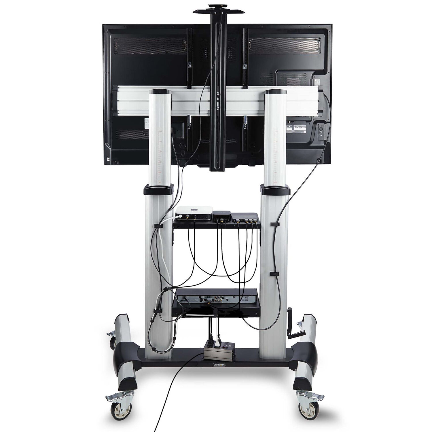 StarTech rolling TV cart portable mount for 60 to 100 inch displays with lockable wheels and adjustable shelves — view 5
