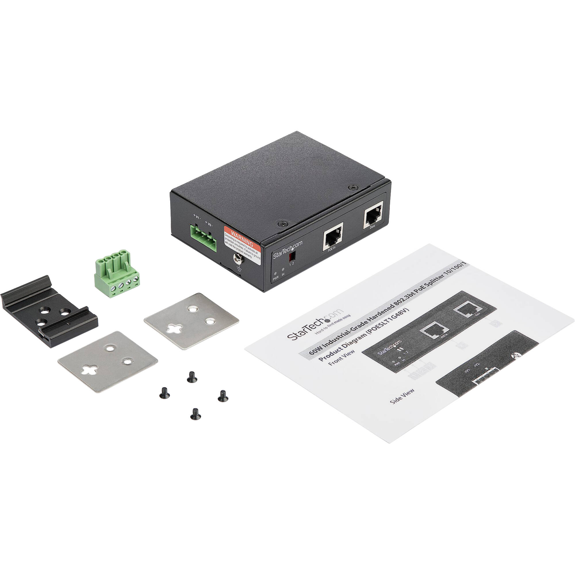 StarTech Gigabit PoE splitter with 90 W output, RJ45 data out, terminal block DC power, and industrial IP-30 housing — view 5