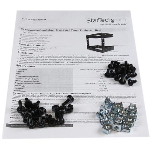 StarTech RK812WALLO 8U open frame wall mount equipment rack, black steel frame — view 3