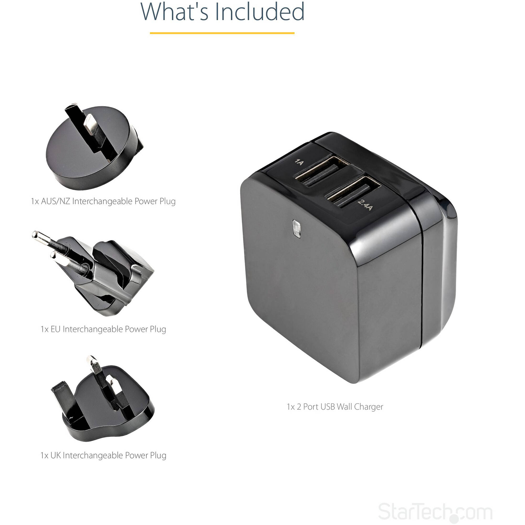 StarTech USB2PACBK 17W dual USB wall charger in black for tablet and phone charging — view 11