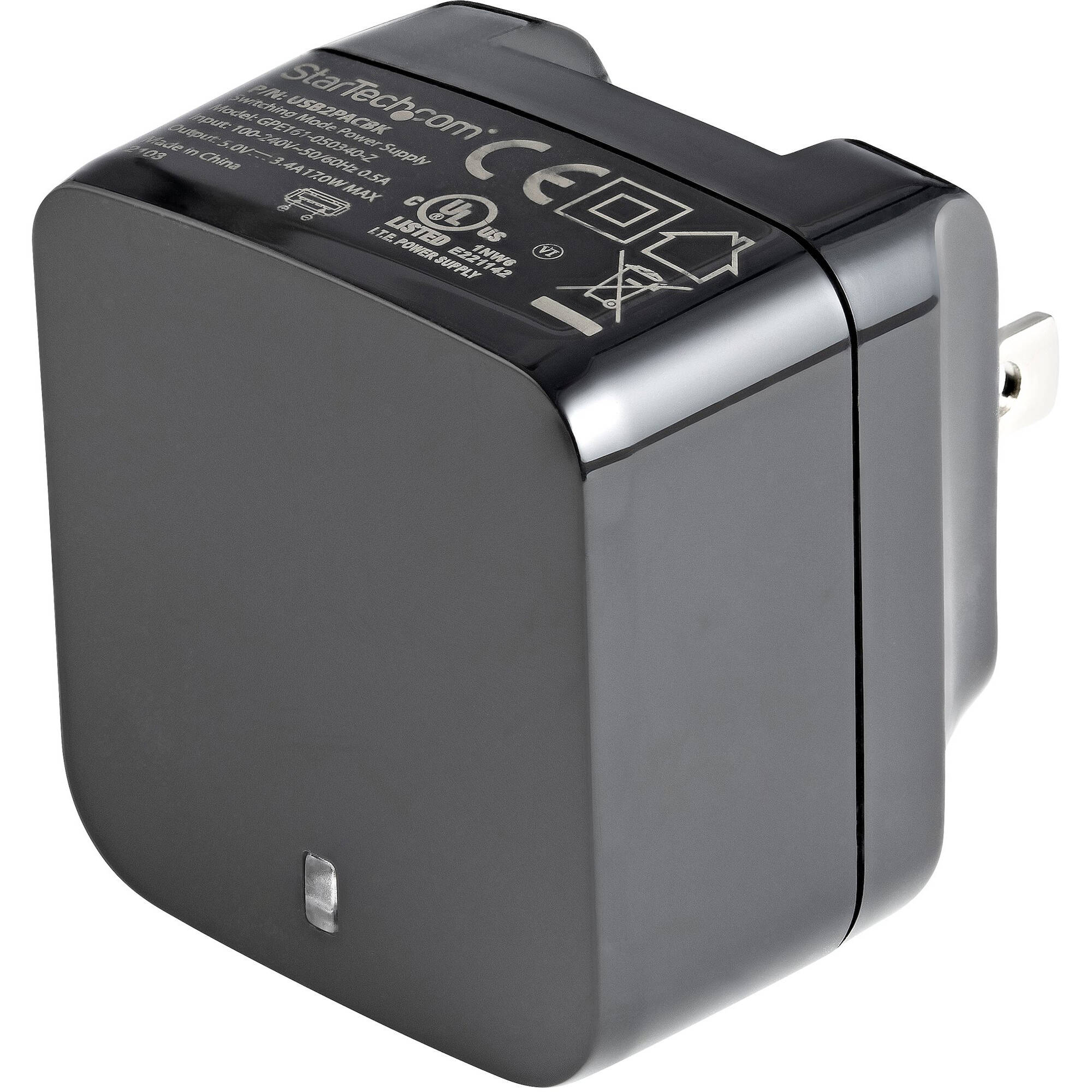 StarTech USB2PACBK 17W dual USB wall charger in black for tablet and phone charging — view 3