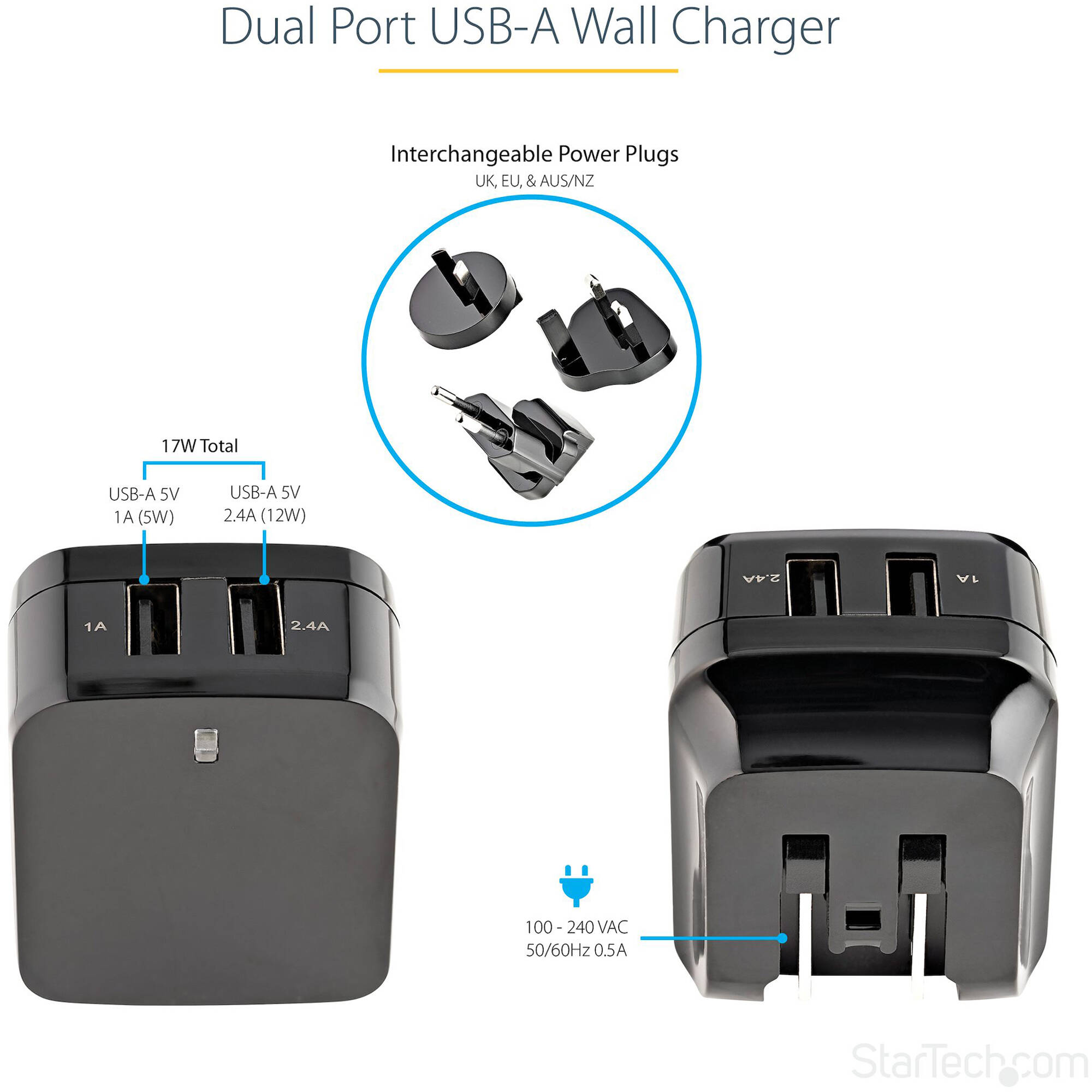 StarTech USB2PACBK 17W dual USB wall charger in black for tablet and phone charging — view 8