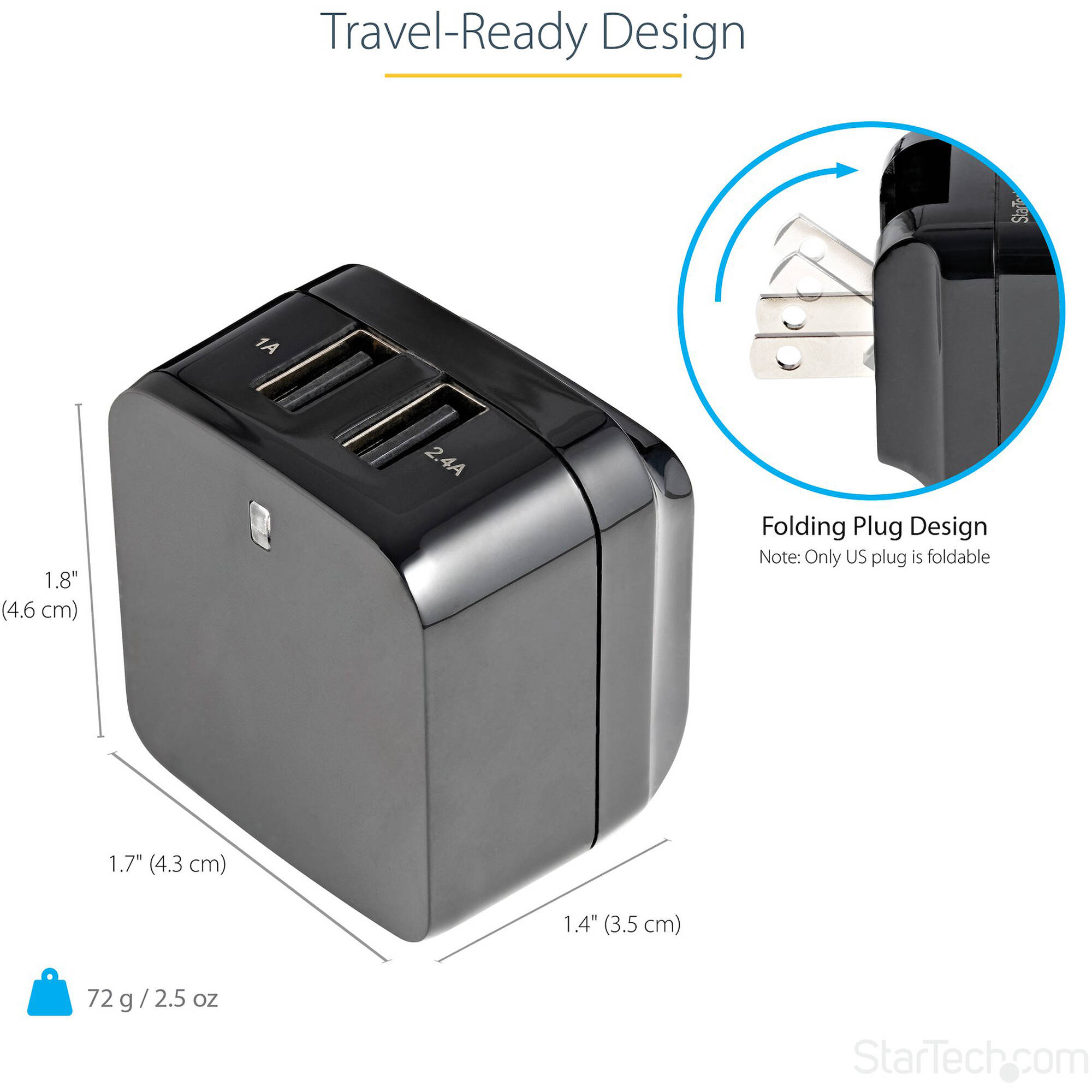 StarTech USB2PACBK 17W dual USB wall charger in black for tablet and phone charging — view 9
