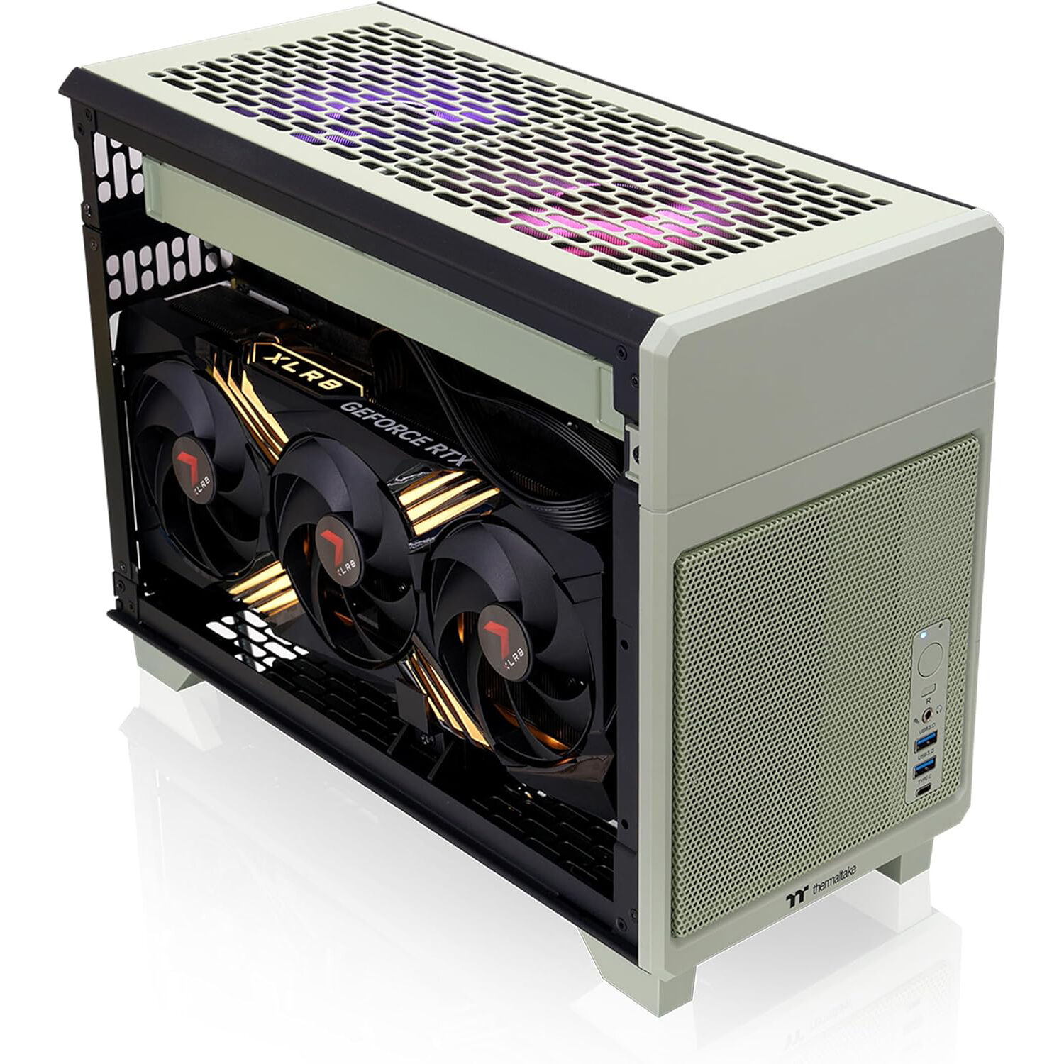 Thermaltake Tower 600 Racing Green vertical mid-tower PC case with tempered glass panels and upright GPU support — view 5