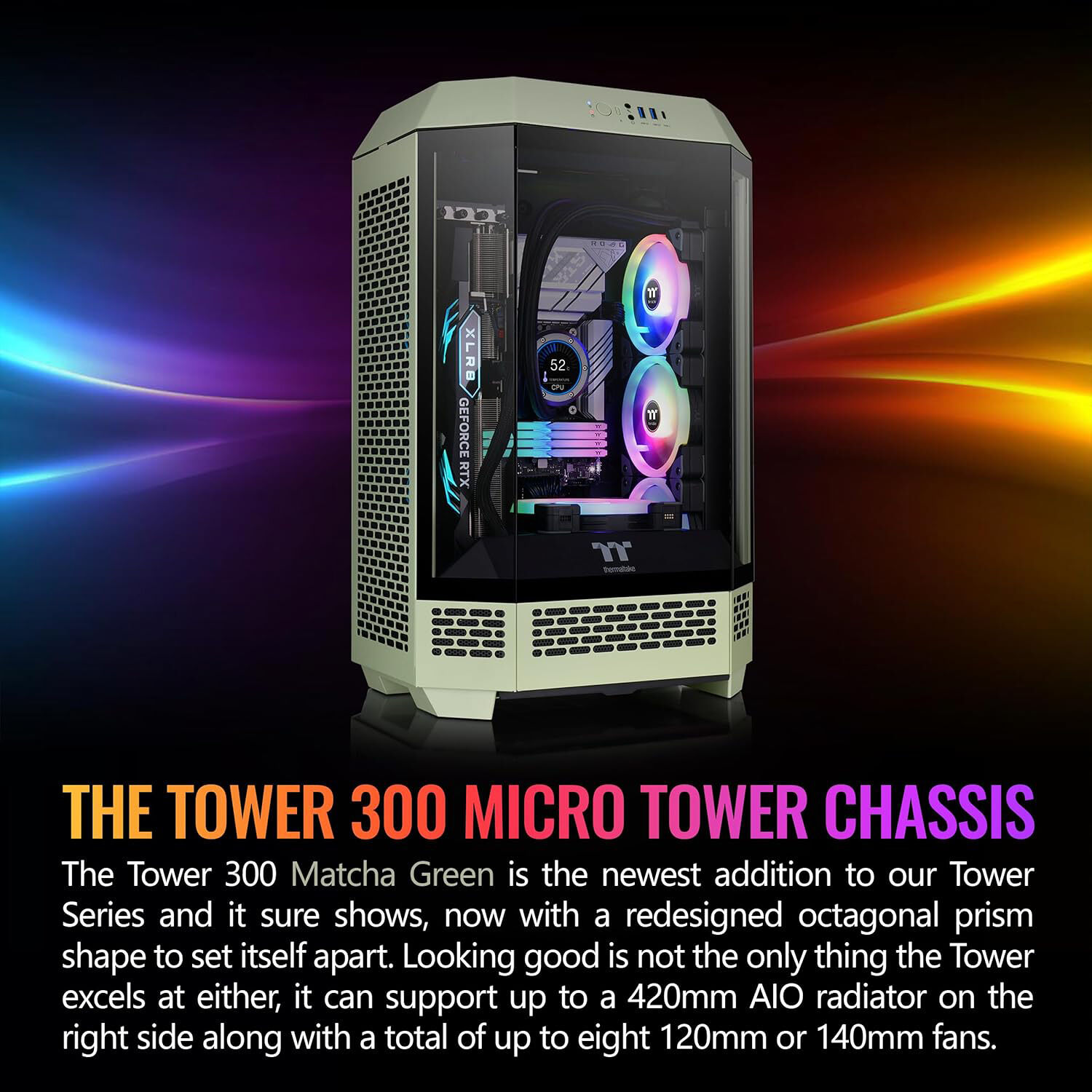 Thermaltake Tower 300 Matcha Green vertical Mini-ITX PC case with octagonal prism design — view 2
