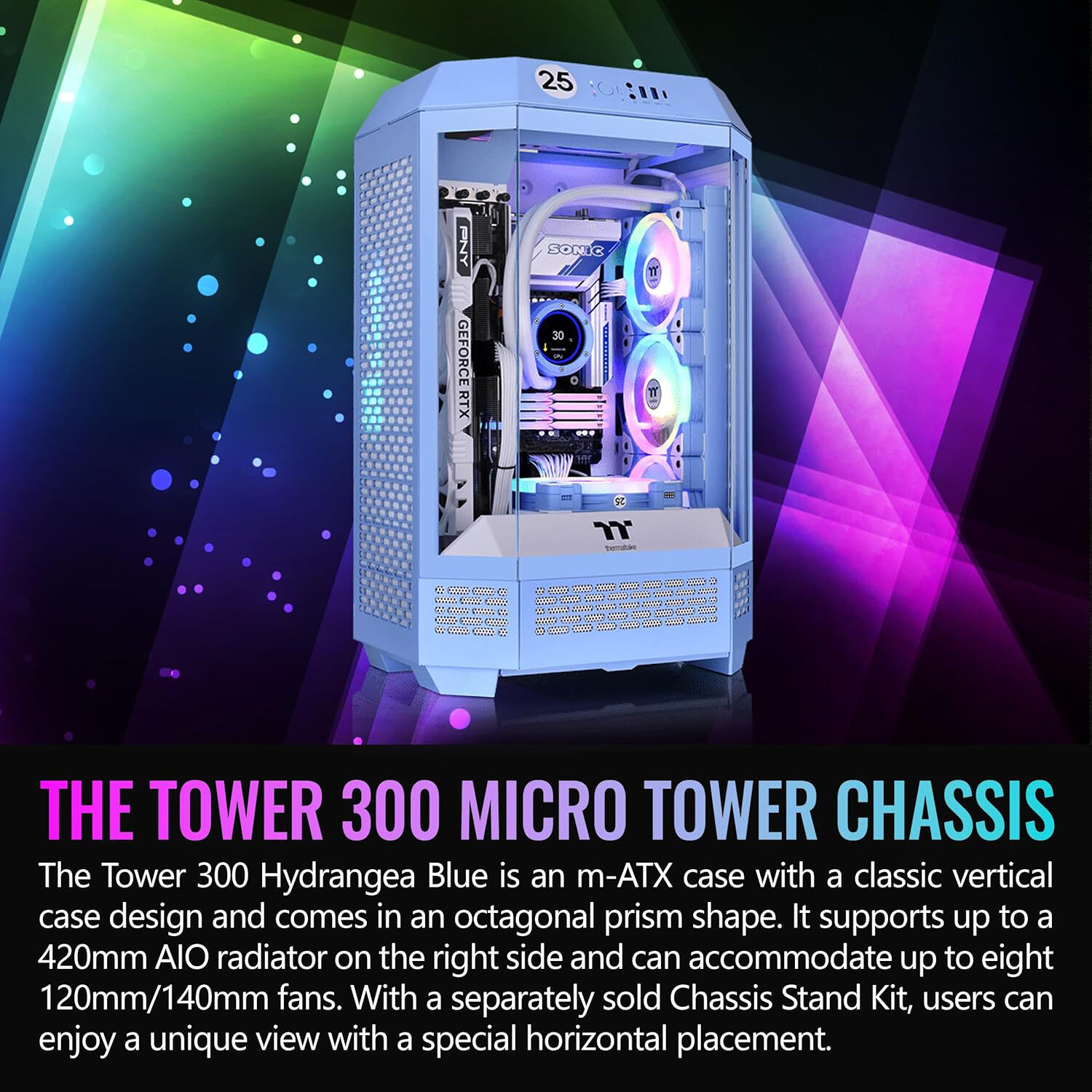 Thermaltake Tower 300 Hydrangea Blue vertical mid tower PC case with octagonal prism design — view 2