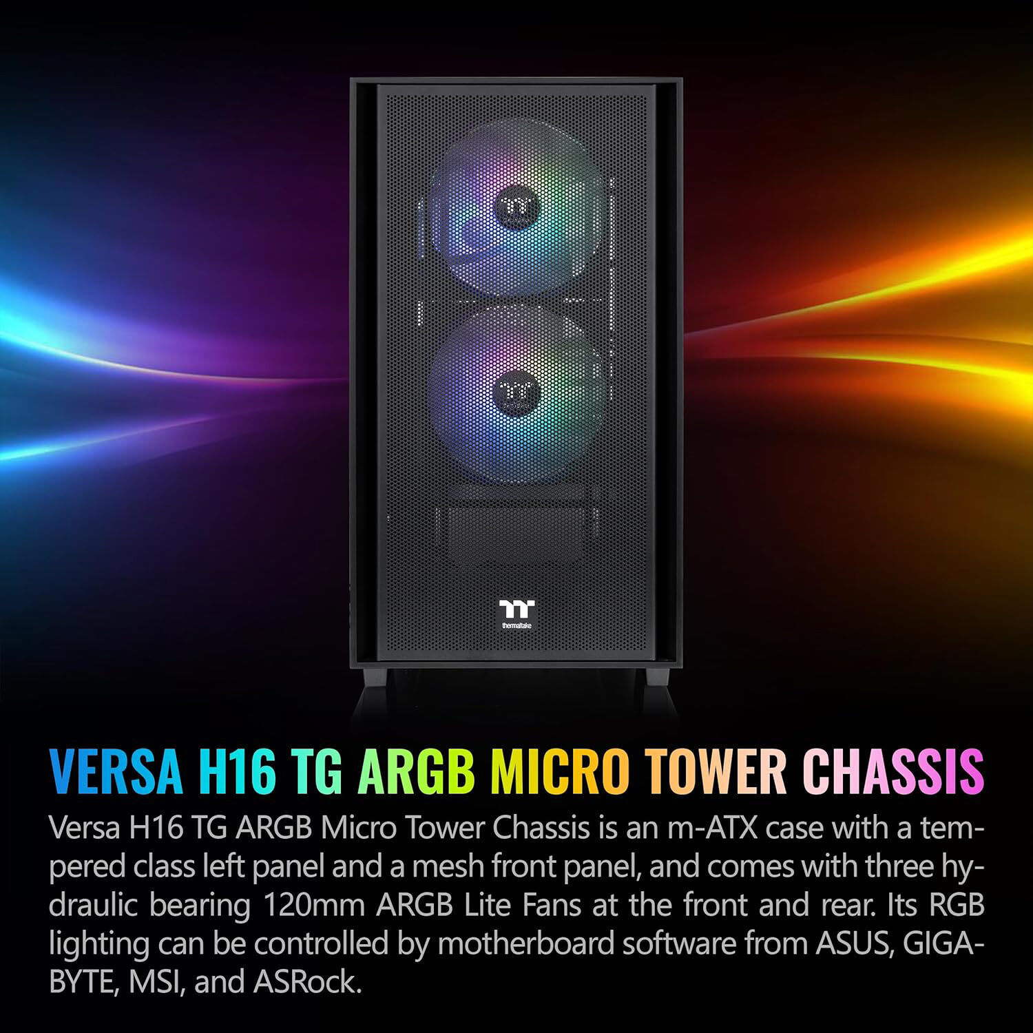 Thermaltake Versa H16 Black compact tower case with tempered glass side panel and ARGB fans — view 2