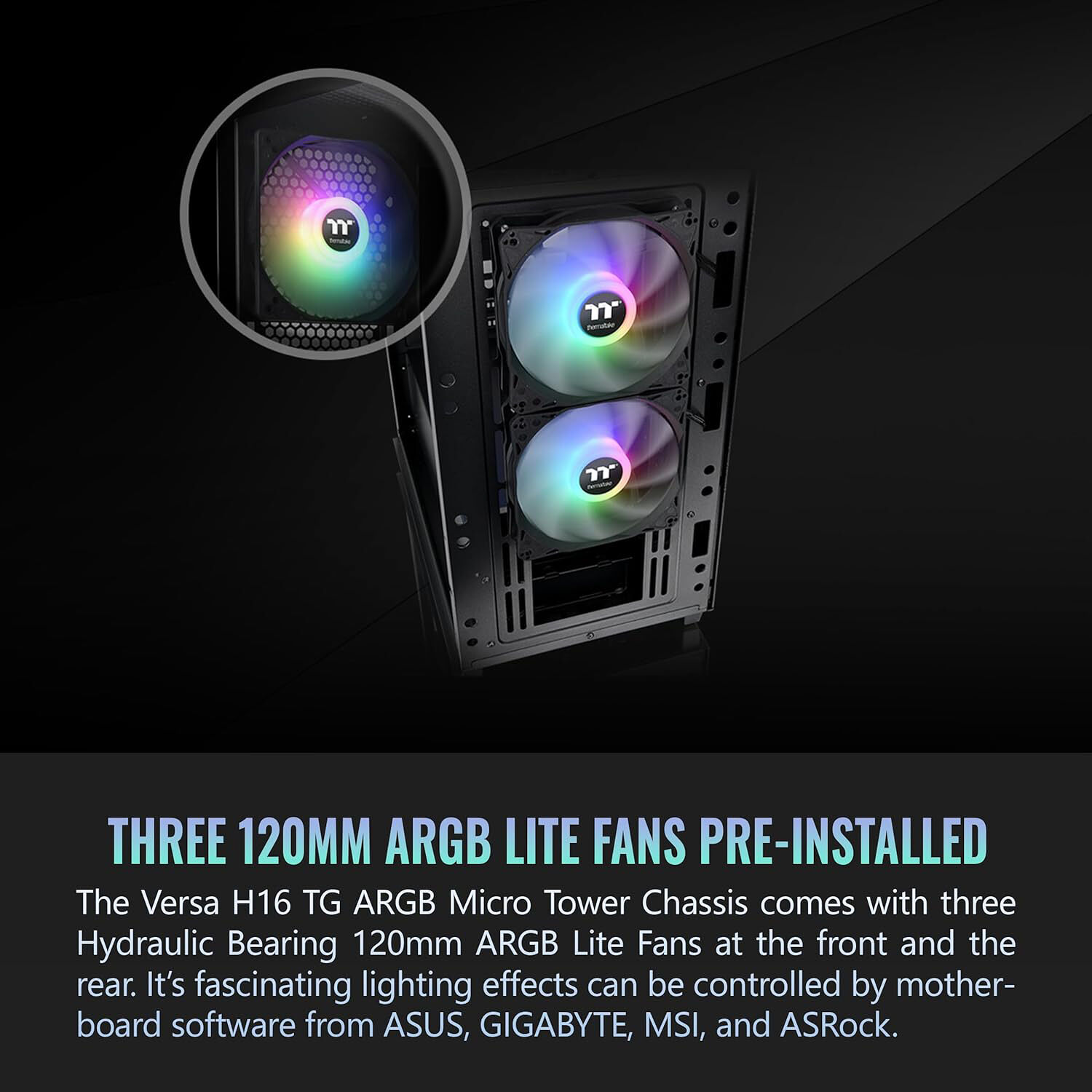 Thermaltake Versa H16 Black compact tower case with tempered glass side panel and ARGB fans — view 3