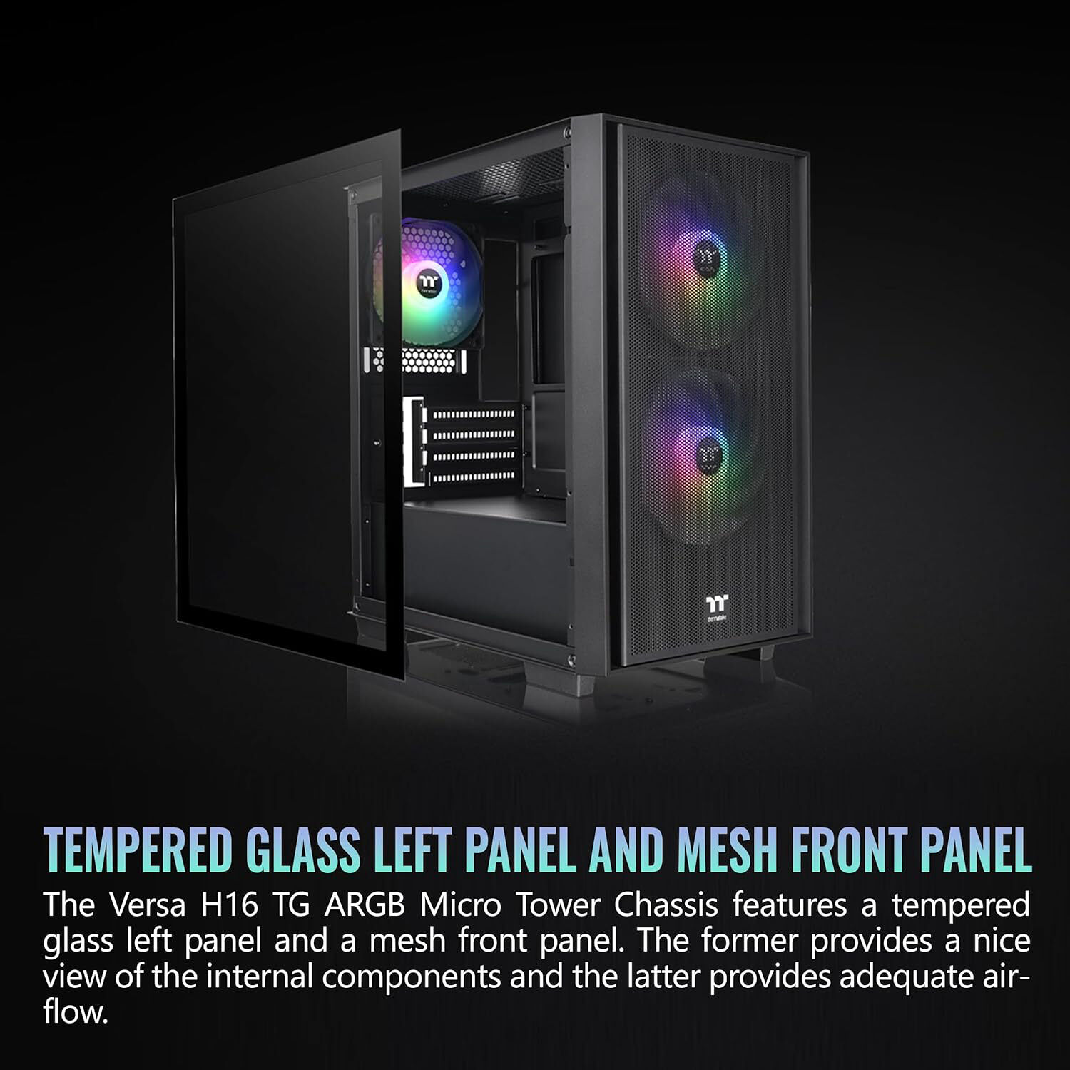 Thermaltake Versa H16 Black compact tower case with tempered glass side panel and ARGB fans — view 4