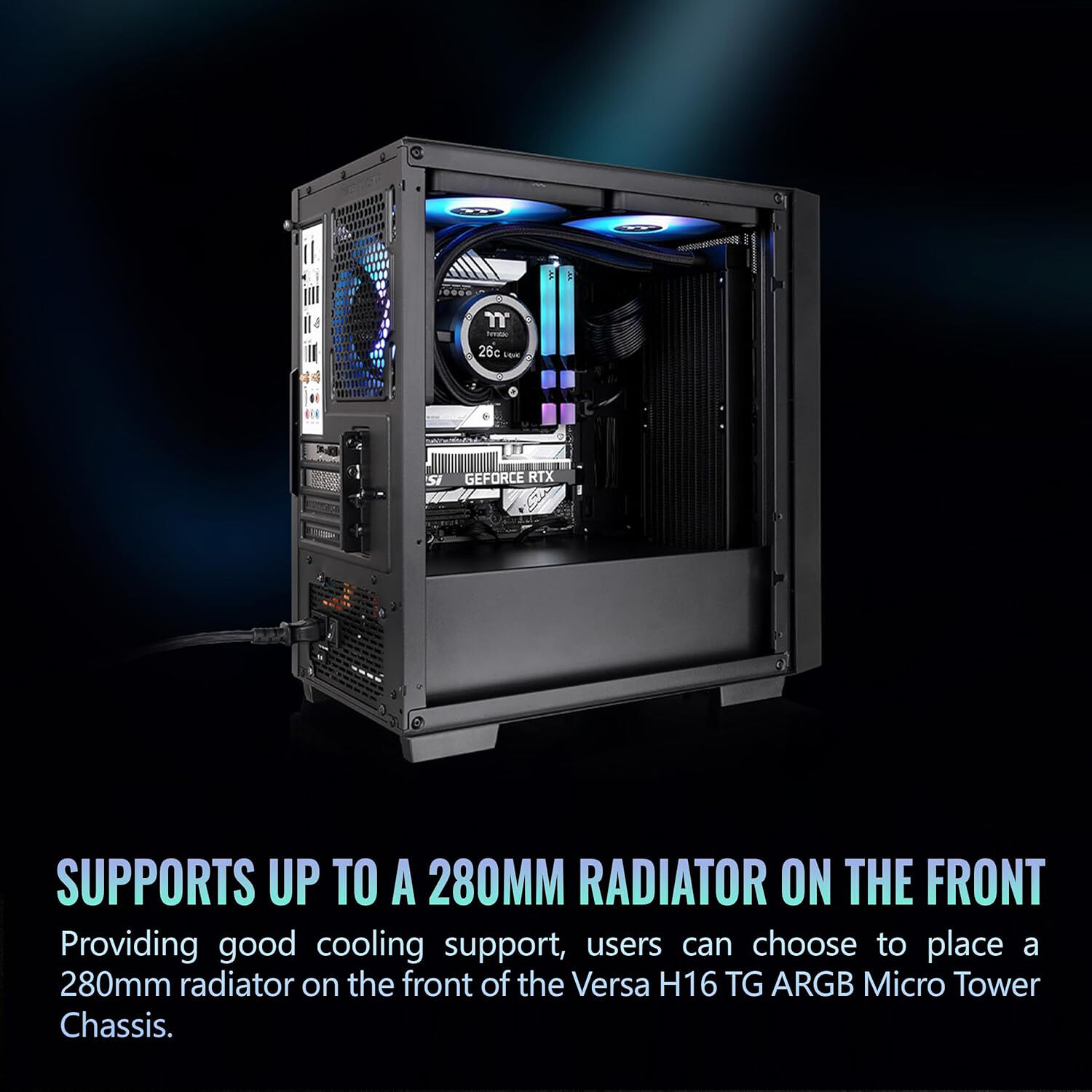 Thermaltake Versa H16 Black compact tower case with tempered glass side panel and ARGB fans — view 5