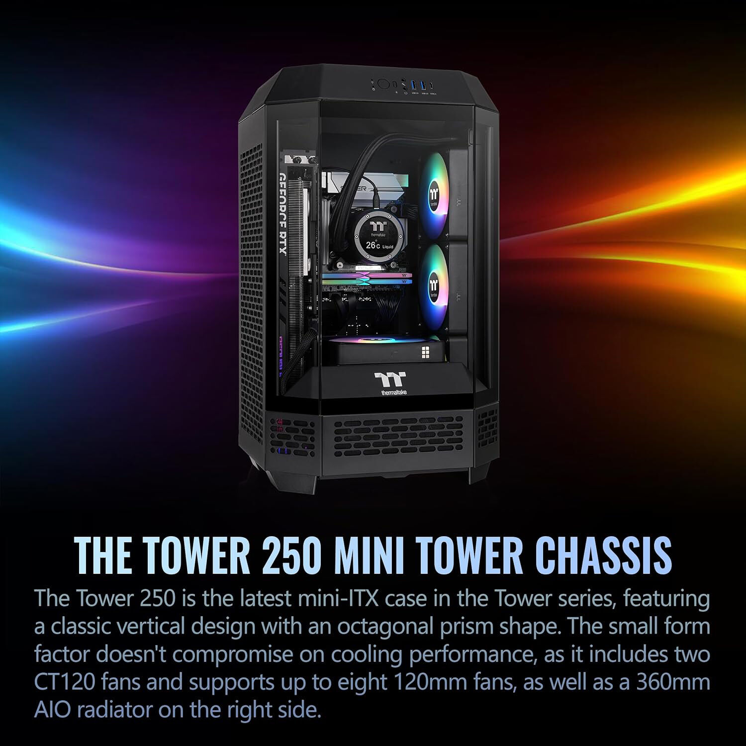 Thermaltake Tower 250 Black mini tower PC case with octagonal design and tempered glass side panel — view 2