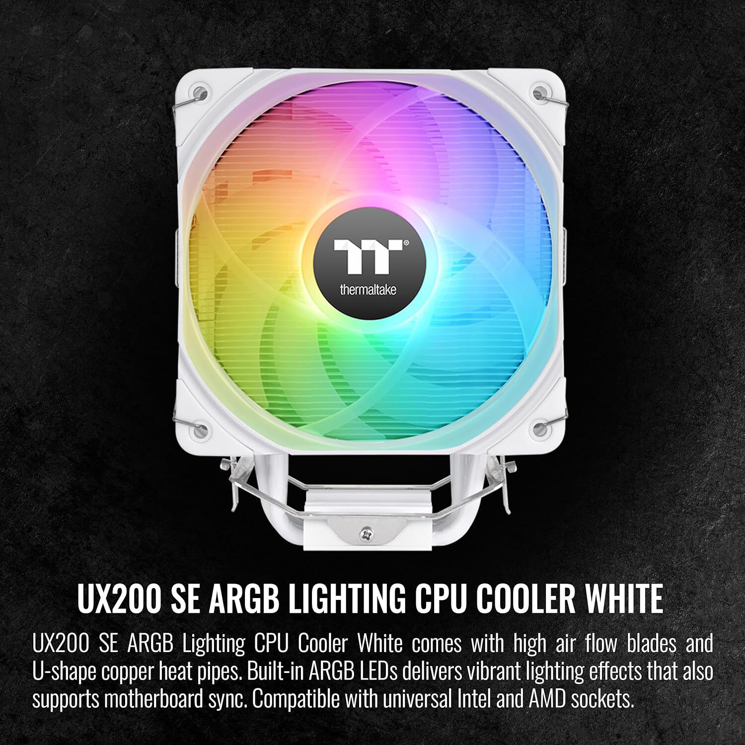 Thermaltake UX200 SE White CPU air cooler with RGB lighting and white tower design — view 3