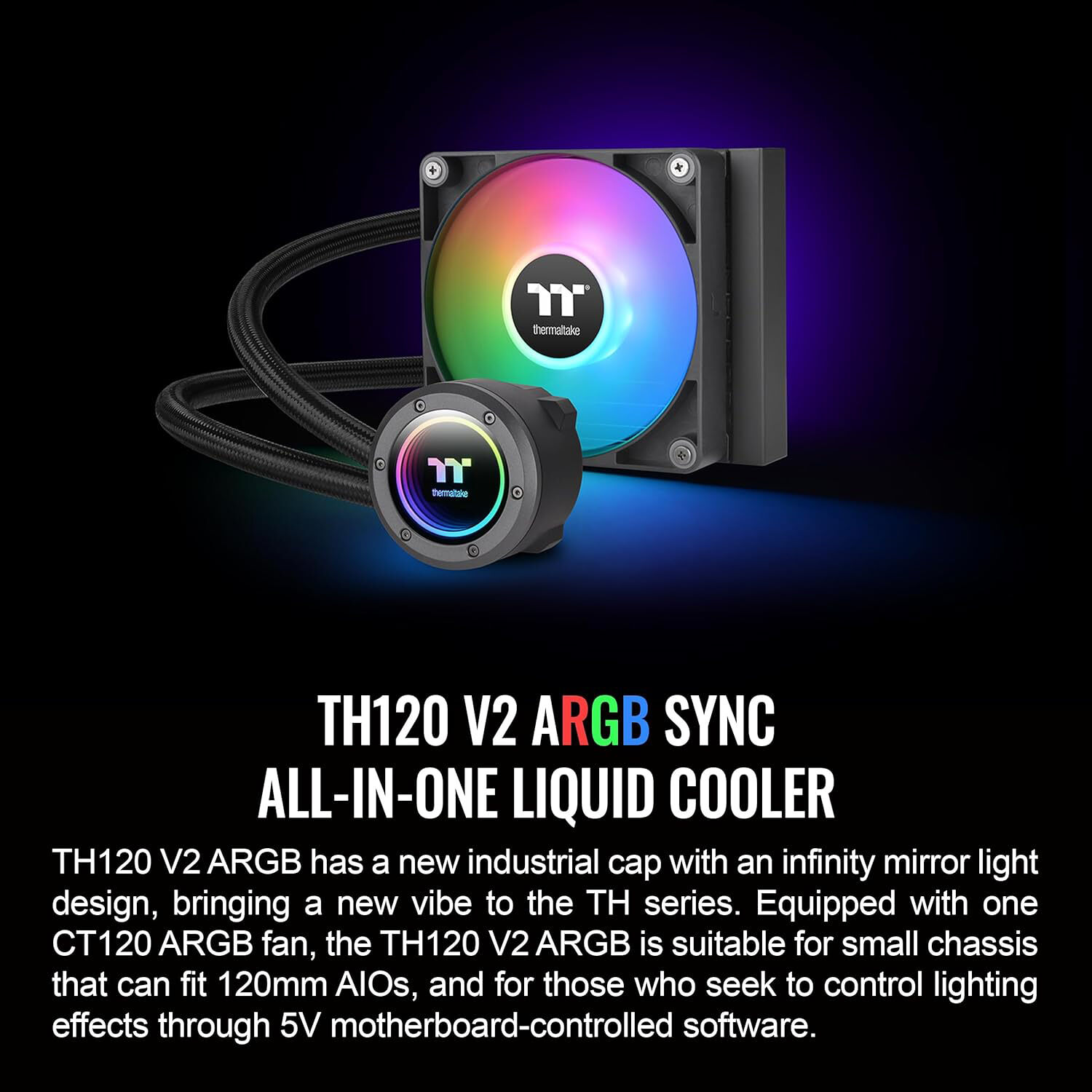 Thermaltake TH120 V2 ARGB Black AIO liquid cooler with infinity mirror cap and ARGB fan — view 2