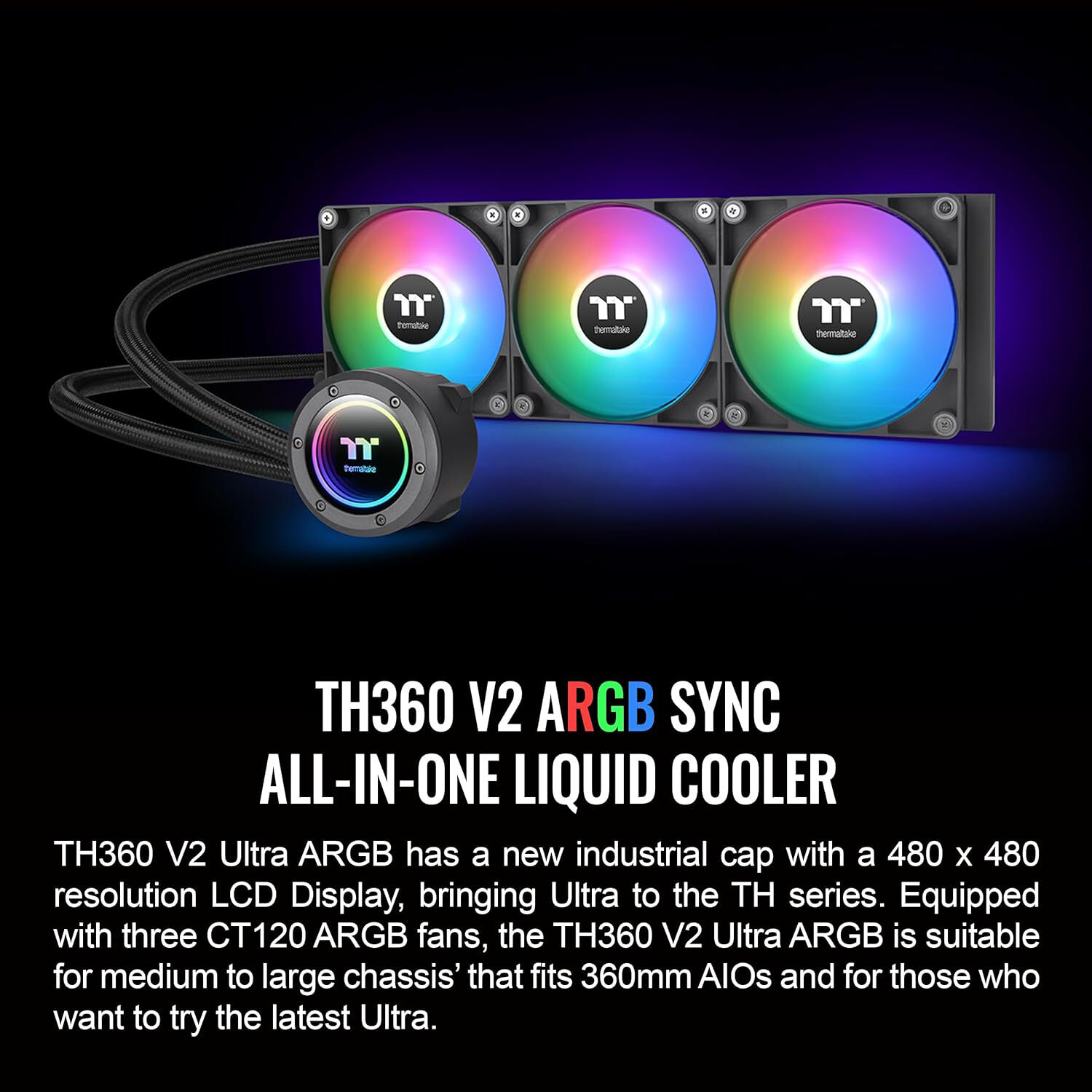 Thermaltake TH360 V2 ARGB Black 360 mm AIO liquid CPU cooler with three ARGB fans — view 2