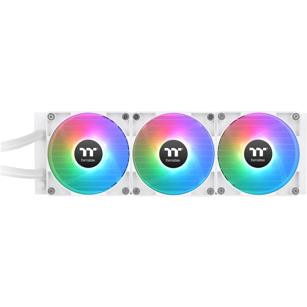 Thermaltake TH360 V2 ARGB Snow 360 mm liquid CPU cooler with three white ARGB fans and infinity mirror pump cap — view 2