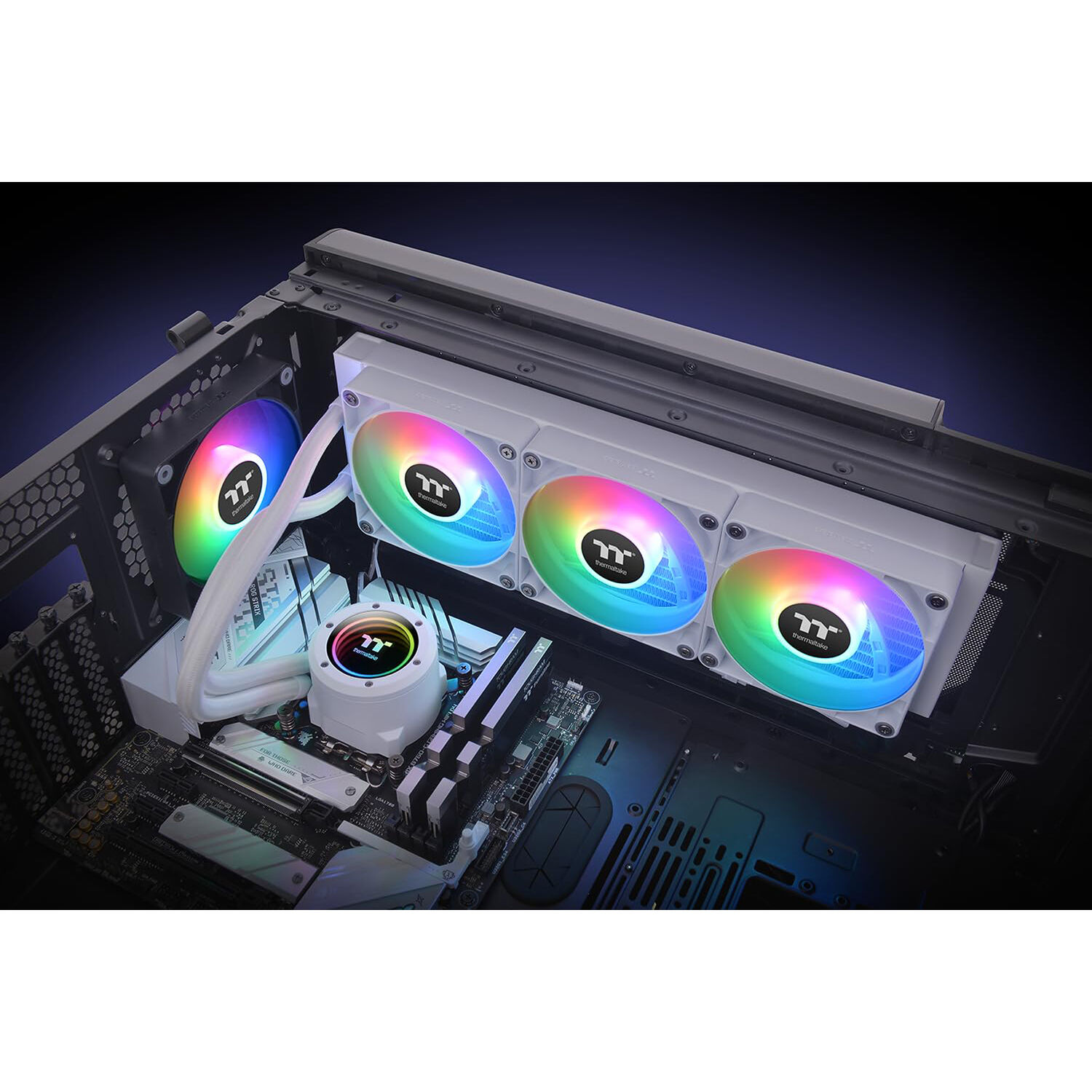 Thermaltake TH360 V2 ARGB Snow 360 mm liquid CPU cooler with three white ARGB fans and infinity mirror pump cap — view 7