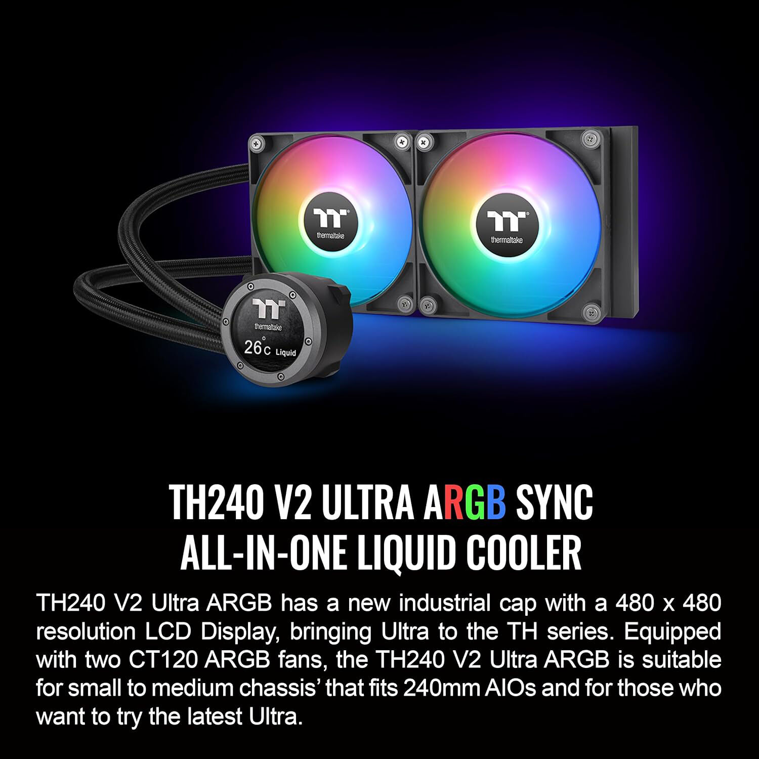 Thermaltake TH240 V2 Ultra AIO 240 mm liquid CPU cooler with 2.1 inch LCD display and dual ARGB fans — view 2
