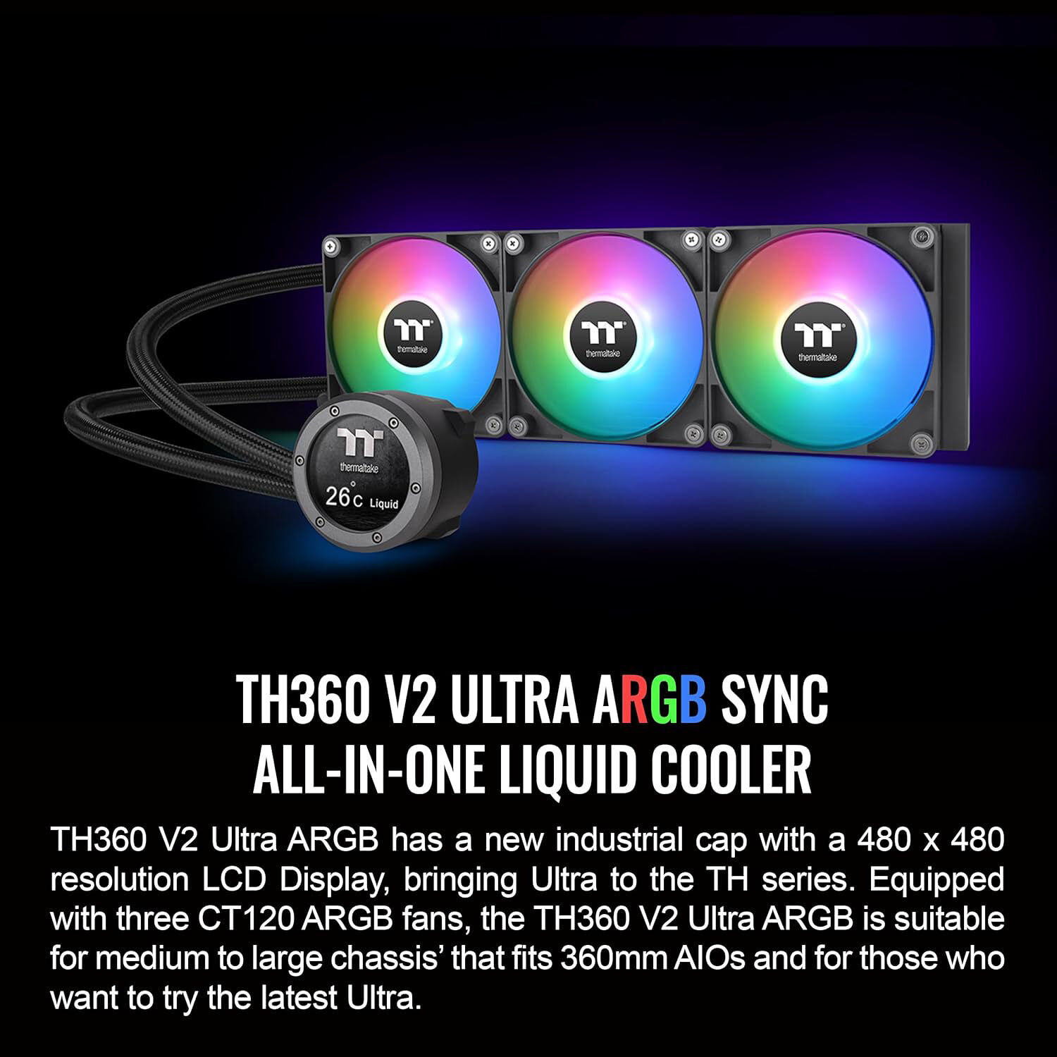 Thermaltake TH360 V2 Ultra AIO liquid CPU cooler with 2.1-inch LCD and three ARGB fans — view 2