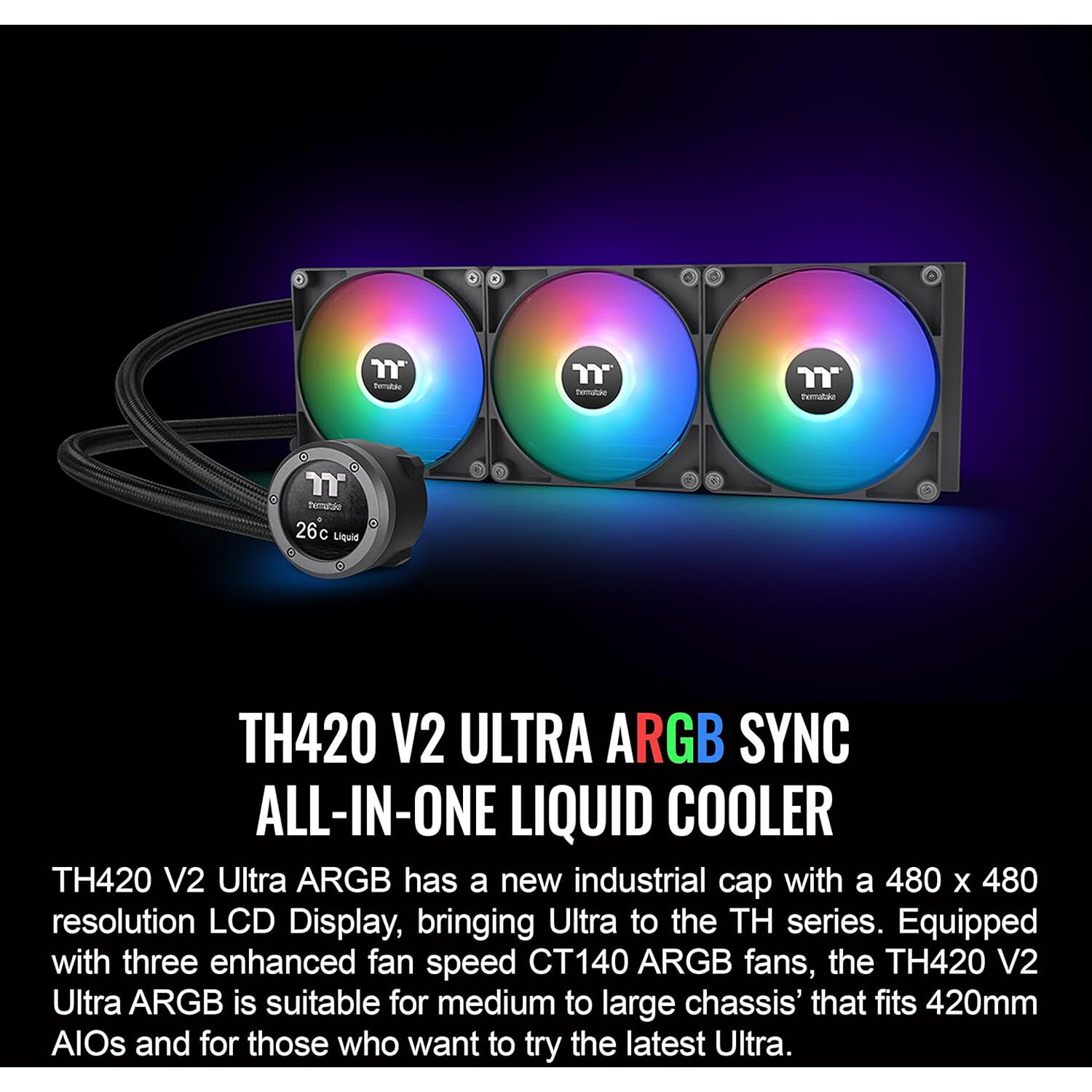 Thermaltake TH420 V2 Ultra AIO liquid CPU cooler with 2.1 inch LCD and three 140 mm ARGB fans — view 2