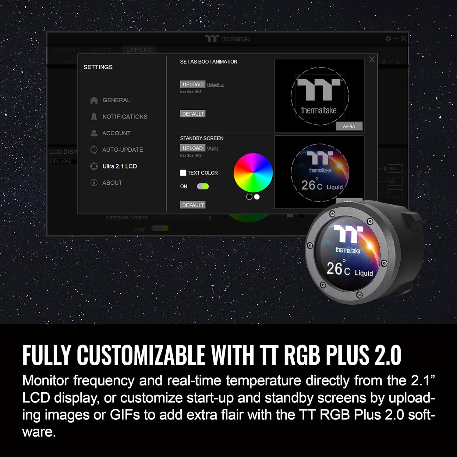 Thermaltake TH420 V2 Ultra AIO liquid CPU cooler with 2.1 inch LCD and three 140 mm ARGB fans — view 3