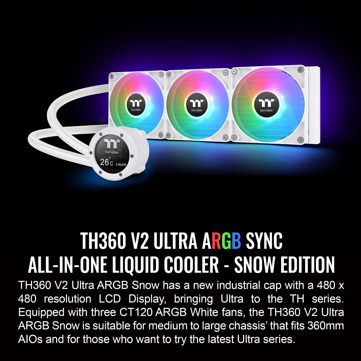 Thermaltake TH360 V2 Ultra Snow 360 mm white liquid CPU cooler with 2.1 inch LCD and ARGB fans — view 2