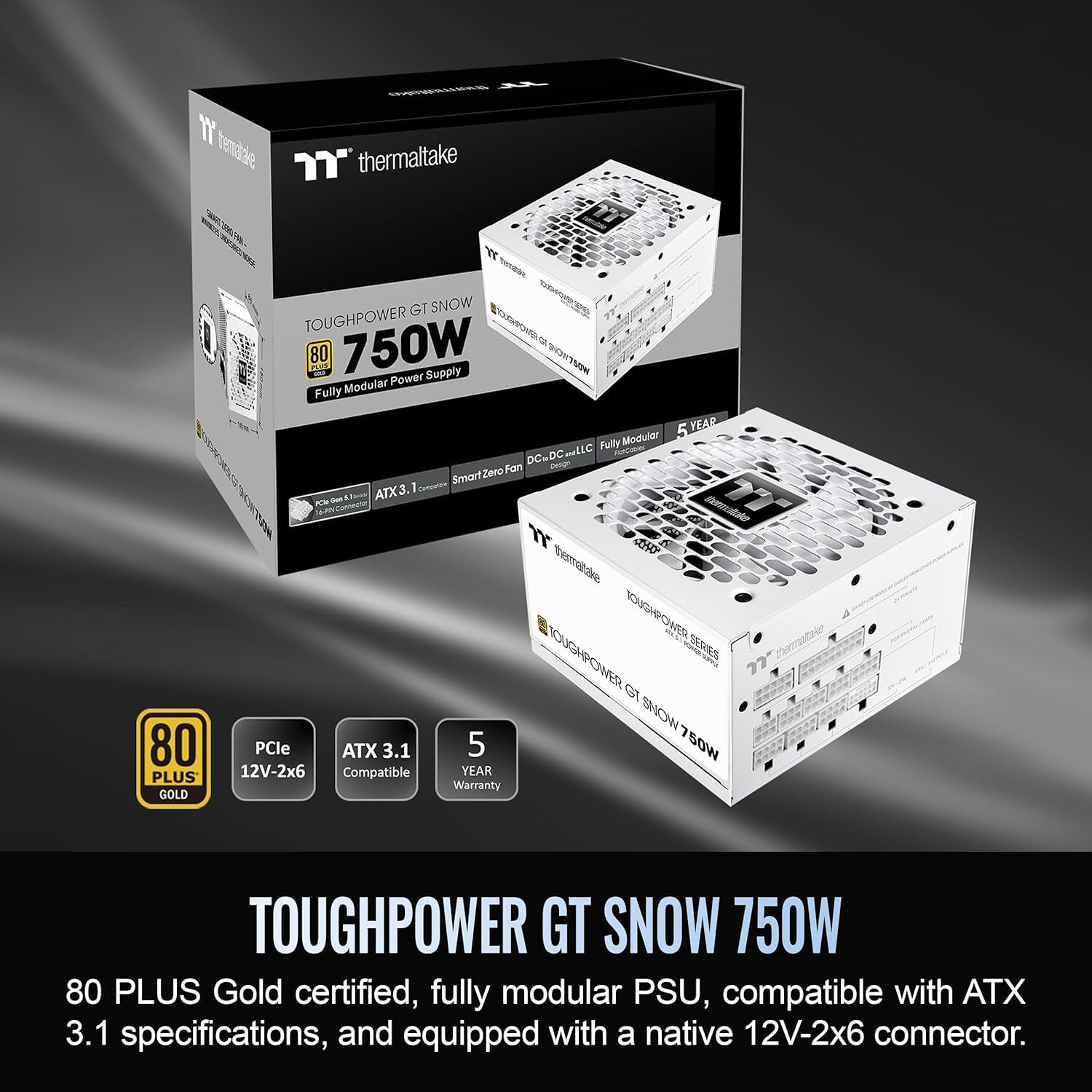 Thermaltake Toughpower GT 750W Snow fully modular white power supply with 12V-2x6 connector and 120 mm fan — view 2