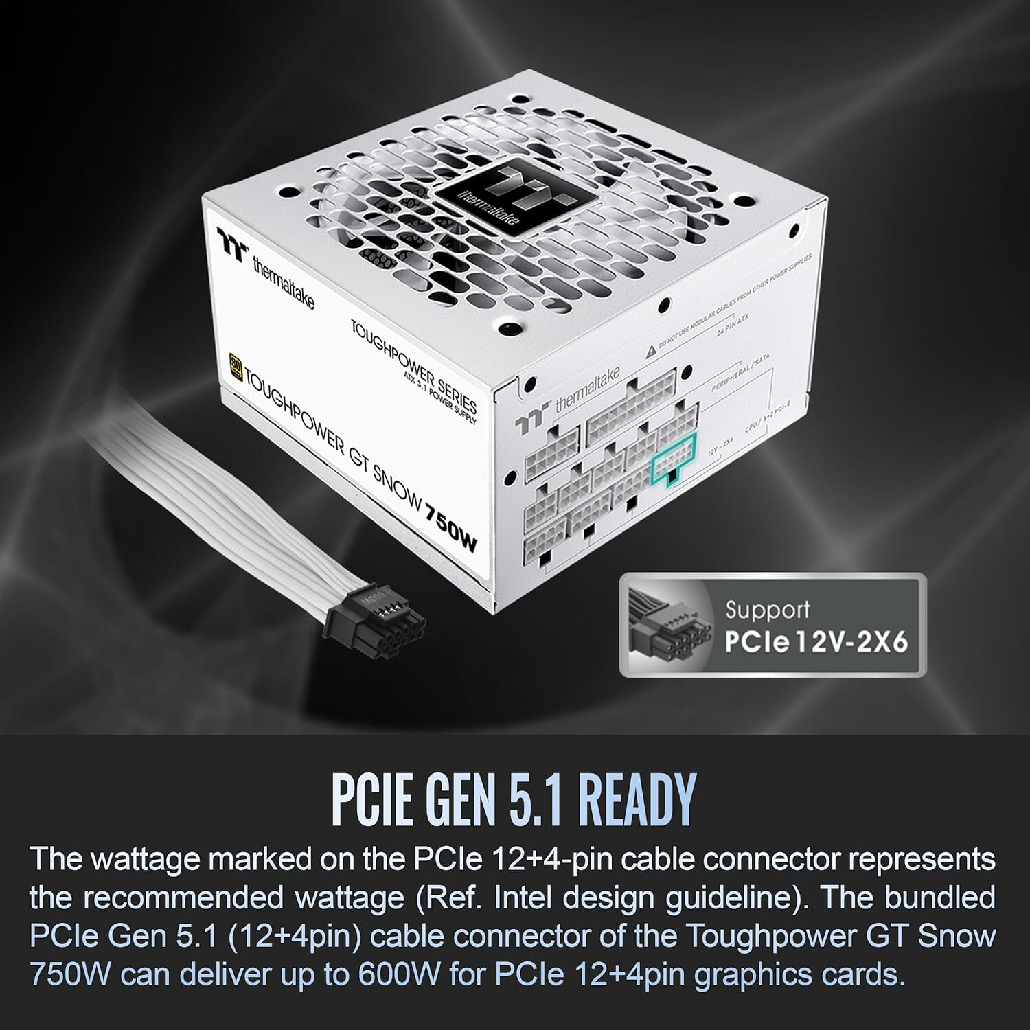 Thermaltake Toughpower GT 750W Snow fully modular white power supply with 12V-2x6 connector and 120 mm fan — view 4