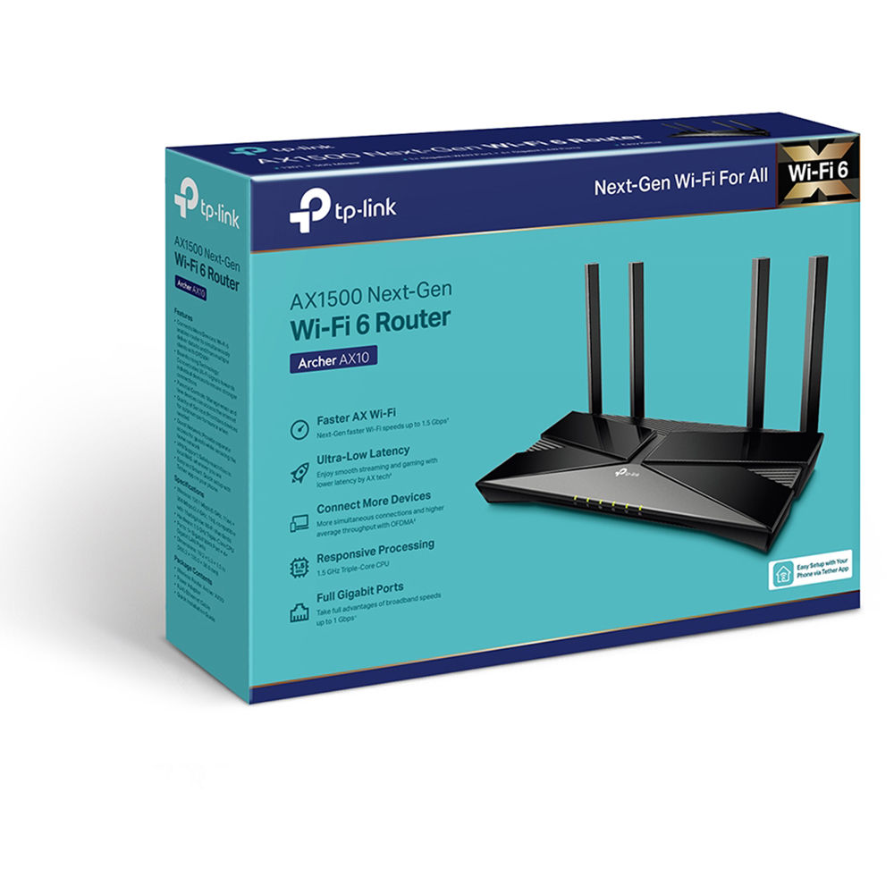 TP-Link Archer AX10 AX1500 Wi‑Fi 6 router with dual-band wireless and Gigabit Ethernet — view 4