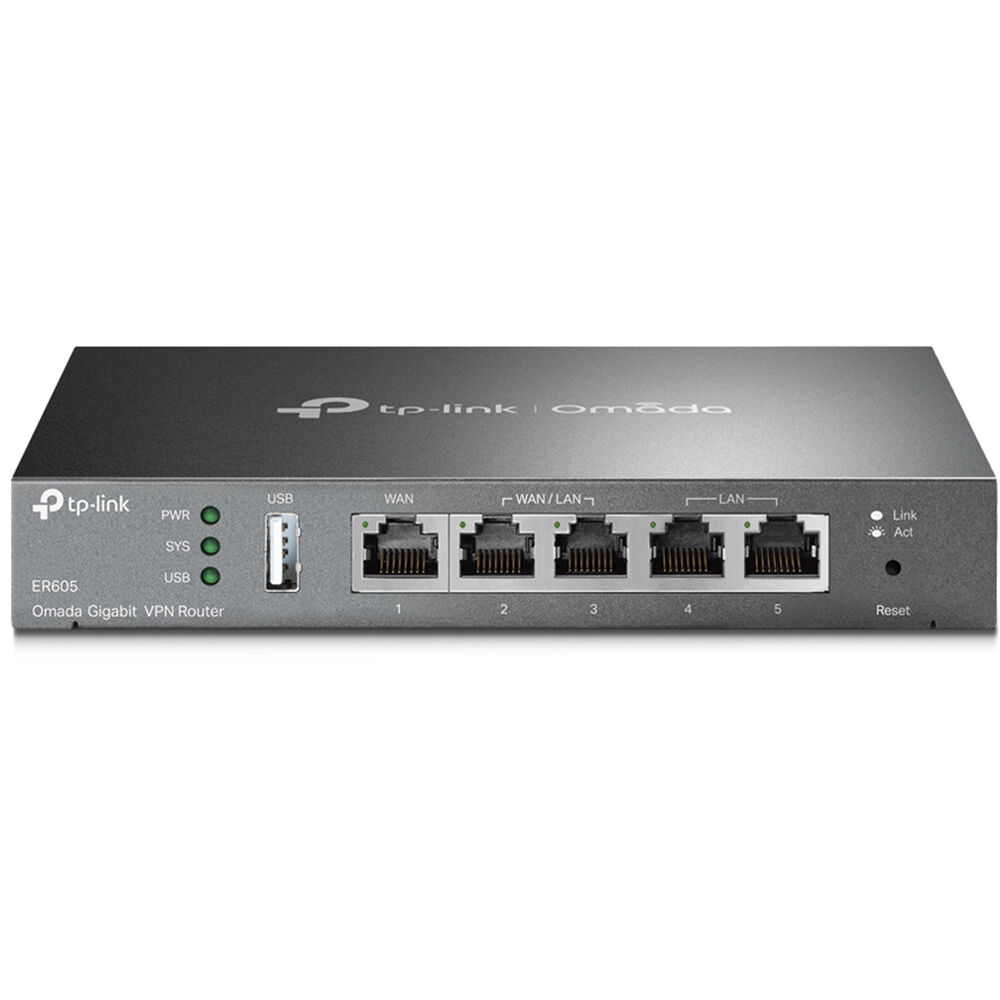TP-Link ER605 Omada Gigabit Multi-WAN VPN Router desktop unit with multi-WAN Ethernet ports — view 2