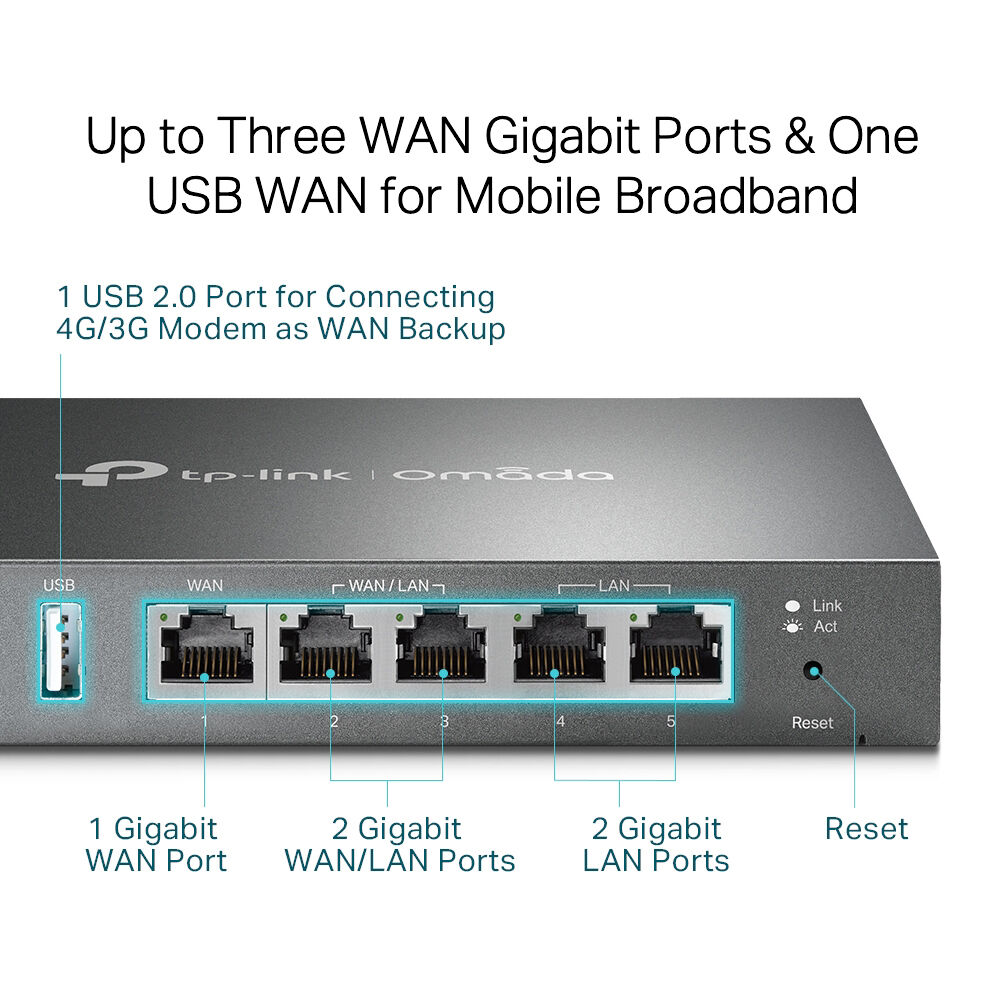 TP-Link ER605 Omada Gigabit Multi-WAN VPN Router desktop unit with multi-WAN Ethernet ports — view 6