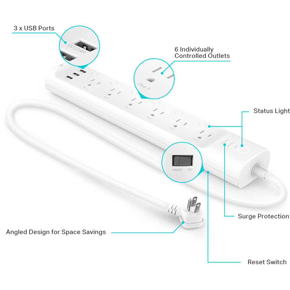 TP-Link HS300 Wi-Fi smart power strip with six outlets and black finish — view 2