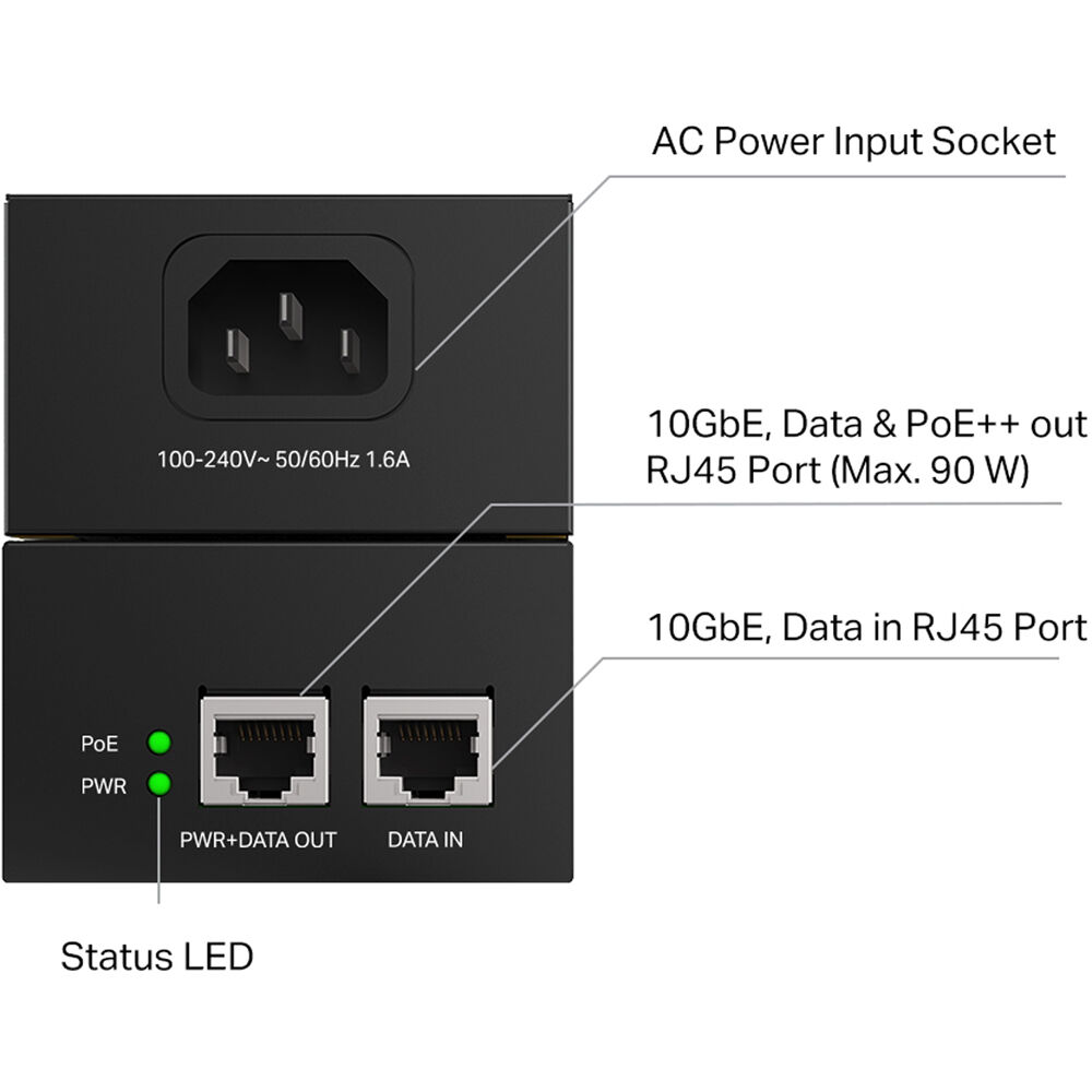 Omada 10G PoE++ Injector Adapter PORT: 1 10Gbps PoE Port, 1 10Gbps Non-PoE Port SPEC: 802.3bt/at/af Compliant, 90 W PoE Power, Data and Power Carried over the same cable, Steel Case — view 3